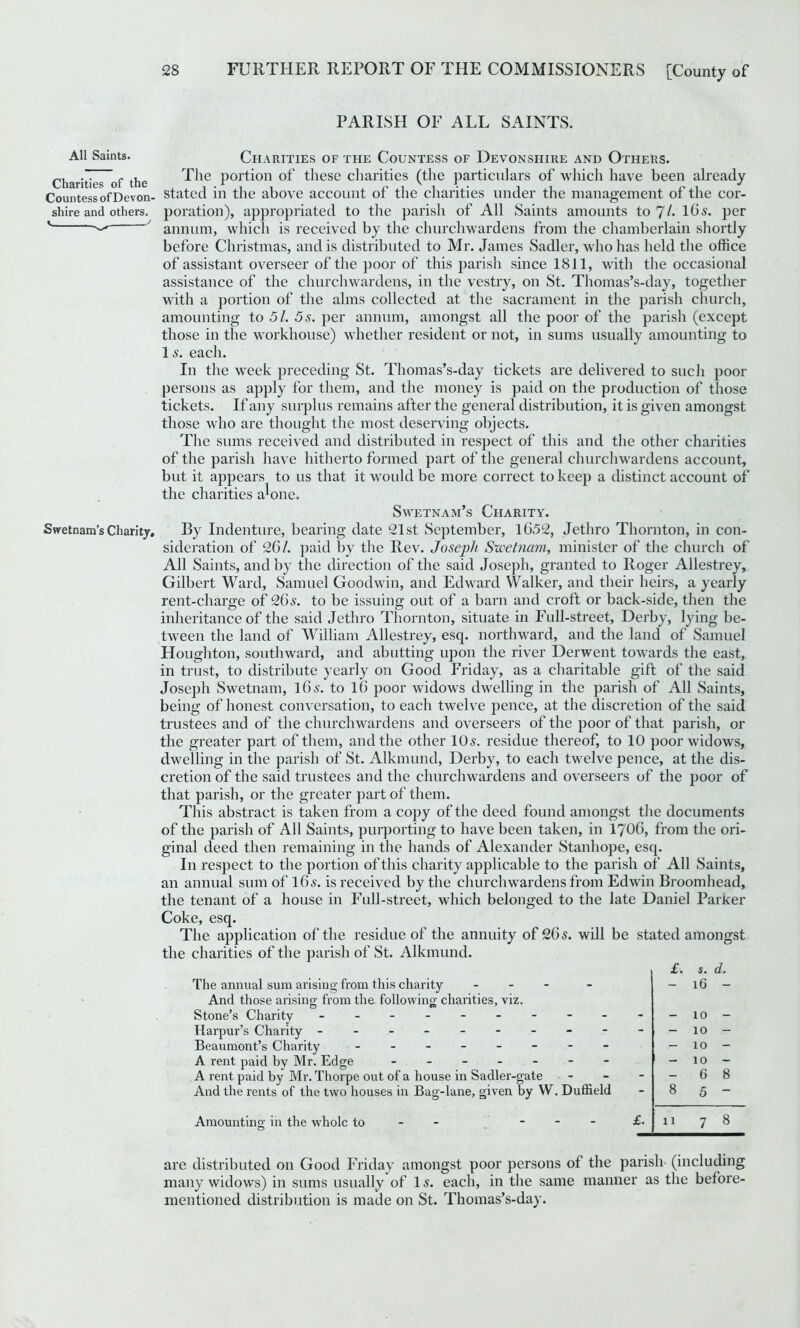 All Saints. Charities of the Countess of Devon- shire and others. V ^ j Swetnam’s Charity, PARISH OF ALL SAINTS. Charities of the Countess of Devonshire and Others. The portion of these charities (the particulars of which have been already stated in the above account of the charities under the management of the cor- poration), appropriated to the parish of All Saints amounts to 7 /• 16 s. per annum, which is received by the churchwardens from the chamberlain shortly before Christmas, and is distributed to Mr. James Sadler, who has held the office of assistant overseer of the poor of this parish since 1811, with the occasional assistance of the churchwardens, in the vestry, on St. Thomas’s-day, together with a portion of the alms collected at the sacrament in the parish church, amounting to 51. 5 s. per annum, amongst all the poor of the parish (except those in the workhouse) whether resident or not, in sums usually amounting to 1 s. each. In the week preceding St. Thomas’s-day tickets are delivered to such poor persons as apply for them, and the money is paid on the production of those tickets. If any surplus remains after the general distribution, it is given amongst those who are thought the most deserving objects. The sums received and distributed in respect of this and the other charities of the parish have hitherto formed part of the general churchwardens account, but it appears to us that it would be more correct to keep a distinct account of the charities a^one. Swetnam’s Charity. By Indenture, bearing date 21st September, 1652, Jethro Thornton, in con- sideration of 26/. paid by the Rev. Joseph Sxvetnam, minister of the church of All Saints, and by the direction of the said Joseph, granted to Roger Allestrey, Gilbert Ward, Samuel Goodwin, and Edward Walker, and their heirs, a yearly rent-charge of 26s. to be issuing out of a barn and croft or back-side, then the inheritance of the said Jethro Thornton, situate in Full-street, Derby, lying be- tween the land of William Allestrey, esq. northward, and the land of Samuel Houghton, southward, and abutting upon the river Derwent towards the east, in trust, to distribute yearly on Good Friday, as a charitable gift of the said Joseph Swetnam, l6s. to 16 poor widows dwelling in the parish of All Saints, being of honest conversation, to each twelve pence, at the discretion of the said trustees and of the churchwardens and overseers of the poor of that parish, or the greater part of them, and the other 10s. residue thereof, to 10 poor widows, dwelling in the parish of St. Alkmund, Derby, to each twelve pence, at the dis- cretion of the said trustees and the churchwardens and overseers of the poor of that parish, or the greater part of them. This abstract is taken from a copy of the deed found amongst the documents of the parish of All Saints, purporting to have been taken, in 1706, from the ori- ginal deed then remaining in the hands of Alexander Stanhope, esq. In respect to the portion of this charity applicable to the parish of All Saints, an annual sum of 16s. is received by the churchwardens from Edwin Broomhead, the tenant of a house in Full-street, which belonged to the late Daniel Parker Coke, esq. The application of the residue of the annuity of 26 s. will be stated amongst the charities of the parish of St. Alkmund. £. The annual sum arising from this charity - - And those arising from the following charities, viz. Stone’s Charity ----------- Harpur’s Charity - - - - - - - - - - Beaumont’s Charity -------- - A rent paid by Mr. Edge ------ — A rent paid by Mr. Thorpe out of a house in Sadler-gate - And the rents of the two houses in Bag-lane, given by W. Duffield - 8 s. d. 16 - 10 - 10 - 10 - 10 - 6 8 5 “ Amounting in the whole to 7 8 are distributed on Good Friday amongst poor persons of the parish (including many widows) in sums usually of 1 s. each, in the same manner as the before- mentioned distribution is made on St. Thomas’s-day.