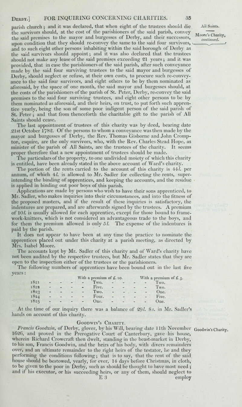 parish church ; and it was declared, that when eight of the trustees should die the survivors should, at the cost of the parishioners of the said parish, convey the said premises to the mayor and burgesses of Derby, and their successors, upon condition that they should re-convey the same to the said four survivors, > and to such eight other persons inhabiting within the said borough of Derby as the said survivors should appoint; and it was also declared that the trustees should not make any lease of the said premises exceeding 21 years ; and it was provided, that in case the parishioners of the said parish, after such conveyance made by the said four surviving trustees to the said mayor and burgesses of Derby, should neglect or refuse, at their own costs, to procure such re-convey- ance to the said four survivors, and eight others to be by them nominated as aforesaid, by the space of one month, the said mayor and burgesses should, at the costs of the parishioners of the parish of St. Peter, Derby, re-convey the said premises to the said four surviving trustees, and eight other persons to be by them nominated as aforesaid, and their heirs, on trust, to put forth such appren- tice yearly, being the son of some poor indigent person of the said parish of St. Peter ; and that from thenceforth the charitable gift to the parish of All Saints should cease. The last appointment of trustees of this charity was by deed, bearing date ,21st October 1782. Of the persons to whom a conveyance was then made by the mayor and burgesses of Derby, the Rev. Thomas Gisborne and John Cromp- ton, esquire, are the only survivors, who, with the Rev. Charles Stead Hope, as minister of the parish of All Saints, are the trustees of the charity. It seems proper therefore that a new appointment of trustees should be made. The particulars of the property, to one undivided moiety of which this charity is entitled, have been already stated in the above account of Ward’s charity. The portion of the rents carried to the account of this charity is 44/. per annum, of which 4/. is allowed to Mr. Sadler for collecting the rents, super- intending the binding of apprentices, and keeping the accounts, and the residue is applied in binding out poor boys of this parish. Applications are made by persons who wish to have their sons apprenticed, to Mr. Sadler, who makes inquiries into their circumstances, and into the fitness of the proposed masters, and if the result of these inquiries is satisfactory, the indentures are prepared, and are afterwards signed by the trustees. A premium of 10/. is usually allowed for each apprentice, except for those bound to frame- work-knitters, which is not considered an advantageous trade to the boys, and for them the premium allowed is only 5 L The expense of the indentures is paid by the parish. It does not appear to have been at any time the practice to nominate the apprentices placed out under this charity at a parish meeting, as directed by Mrs. Isabel Moore. The accounts kept by Mr. Sadler of this charity and of Ward’s charity have not been audited by the respective trustees, but Mr. Sadler states that they are open to the inspection either of the trustees or the parishioners. The following numbers of apprentices have been bound out in the last five years: 1821 With a premium of £. 10. Two. With a premium of £. 5, Two. 1822 - - Five. Two. 1823 - - Two. One. 1824 - - Four. Five. 1825 - - One. One. At the time of our inquiry there was a balance of 29/. 8 s. in Mr. Sadler’s hands on account of this charity. Goodwin’s Charity. Francis Goodwin, of Derby, glover, by his Will, bearing date 11th November 1626, and proved in the Prerogative Court of Canterbury, gave his house, wherein Richard Crowcraft then dwelt, standing in the beast-market in Derby, to his son, Francis Goodwin, and the heirs of his body, with divers remainders over, and an ultimate remainder to the right heirs of the testator, lie and they performing the conditions following; that is to say, that the rent of the said house should be bestowed, yearly, for ever, 14 days before Christmas, in cloth, to be given to the poor in Derby, such as should be thought to have most need ; and if his executor, or his succeeding heirs, or any of them, should neglect to E 3 employ All Saints. Moore’s Charity, continued. Goodwin’s Charity.