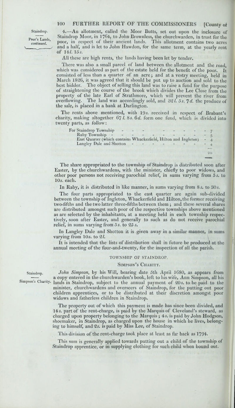 4.—An allotment, called the Moor Butts, set out upon the inclosure of Staindrop Moor, in 1764, to John Brownless, the churchwarden, in trust for the poor, in respect of their ancient lands. This allotment contains two acres and a half, and is let to John Hawdon, for the same term, at the yearly rent of 14/. 15«y. All these are high rents, the lands having been let by tender. There was also a small parcel of land between the allotment and the road, which was considered as part of the estate held for the benefit of the poor. It consisted of less than a quarter of an acre; and at a vestry meeting, held in March 1826, it was agreed that it should be put up to auction and sold to the best bidder. The object of selling this land was to raise a fund for the purpose of straightening the course of the brook which divides the Lee Close from the property of the late Earl of Strathmore, which will prevent the river from overflowing. The land was accordingly sold, and 32/. 5 s. 7d. the produce of the sale, is placed in a bank at Darlington. The rents above mentioned, with 195. received in respect of Brabant’s charity, making altogether 67 /. 85. 6c/. form one fund, which is divided into twenty parts, as follow: For Staindrop Township - - - -7 Raby Township - -- -- -- -- -5 East Quarter (which contains Whackerfield, Hilton and Ingleton) - 4 Langley Dale and Shotton t - - - - 4 20 The share appropriated to the township of Staindrop is distributed soon after Easter, by the churchwardens, with the minister, chiefly to poor widows, and other poor persons not receiving parochial relief, in sums varying from 5 s. to 10 5. each. In Raby, it is distributed in like manner, in sums varying from 8 s. to 30s. The four parts appropriated to the east quarter are again sub-divided between the township of Ingleton, Whackerfield and Hilton, the former receiving two-fifths and the two latter three-fifths between them ; and these several shares are distributed amongst such poor of the respective townships above mentioned as are selected by the inhabitants, at a meeting held in each township respec- tively, soon after Easter, and generally to such as do not receive parochial relief, in sums varying from 5 s. to 25 s. In Langley Dale and Shotton it is given away in a similar manner, in sums varying from 105. to 2/. It is intended that the lists of distribution shall in future be produced at the annual meeting of the four-and-twenty, for the inspection of all the parish. TOWNSHIP OF STAINDROP. Simpson’s Charity. Staindrop. John Simpson, by his Will, bearing date 5th April 1680, as appears from a copy entered in the churchwarden’s book, left to his wife, Ann Simpson, all his Simpson’s Charity. lancJs in Staindrop, subject to the annual payment of 205. to be paid to the minister, churchwardens and overseers of Staindrop, for the putting out poor children apprentices, or to be distributed at their discretion amongst poor widows and fatherless children in Staindrop. The property out of which this payment is made has since been divided, and 145. part of the rent-charge, is paid by the Marquis of Cleveland’s steward, as charged upon property belonging to the Marquis ; 45. is paid by John Hodgson, shoemaker, in Staindrop, as charged upon the house in which he lives, belong- ing to himself, and 25. is paid by Miss Lee, of Staindrop. This division of the rent-charge took place at least as far back as 1794. This sum is generally applied towards putting out a child of the township of Staindrop apprentice, or in supplying clothing for such child when bound out. Staindrop. Poor’s Lands, continued. \ /