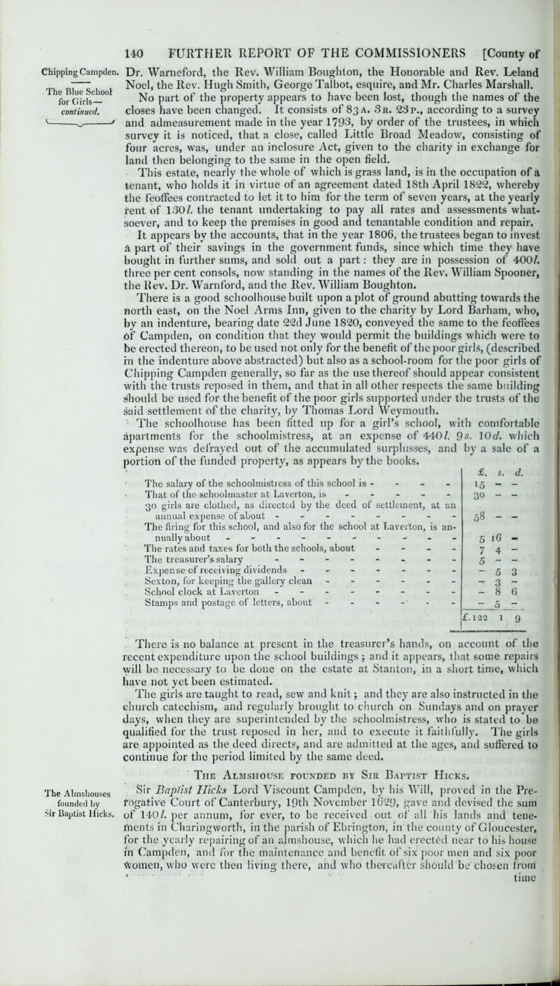 Chipping Campden The Blue School for Girls— continued. v. y Dr. Warneford, the Rev. William Boughton, the Honorable and Rev. Leland Noel, the Rev. Hugh Smith, George Talbot, esquire, and Mr. Charles Marshall. No part of the property appears to have been lost, though the names of the closes have been changed. It consists of 83 a. 3r. 23 p., according to a survey and admeasurement made in the year 1793, by order of the trustees, in which survey it is noticed, that a close, called Little Broad Meadow, consisting of four acres, was, under an inclosure Act, given to the charity in exchange for land then belonging to the same in the open field. This estate, nearly the whole of which is grass land, is in the occupation of a tenant, who holds it in virtue of an agreement dated 18th April 1822, whereby the feoffees contracted to let it to him for the term of seven years, at the yearly rent of 130/. the tenant undertaking to pay all rates and assessments what- soever, and to keep the premises in good and tenantable condition and repair. It appears by the accounts, that in the year 1806, the trustees began to invest a part of their savings in the government funds, since which time they have bought in further sums, and sold out a part: they are in possession of 400/. three per cent consols, now standing in the names of the Rev. William Spooner, the Rev. Dr. Warnford, and the Rev. William Boughton. There is a good school house built upon a plot of ground abutting towards the north east, on the Noel Arms Inn, given to the charity by Lord Barham, who, by an indenture, bearing date 22d June 1820, conveyed the same to the feoffees Of Campden, on condition that they would permit the buildings which were to be erected thereon, to be used not only for the benefit of the poor girls, (described in the indenture above abstracted) but also as a school-room for the poor girls of Chipping Campden generally, so far as the use thereof should appear consistent with the trusts reposed in them, and that in all other respects the same building should be used for the benefit of the poor girls supported under the trusts of the said settlement of the charity, by Thomas Lord Weymouth. The schoolhouse has been fitted up for a girl’s school, with comfortable apartments for the schoolmistress, at an expense of 440/. 9>?- 10d. which expense was defrayed out of the accumulated surplusses, and by a sale of a portion of the funded property, as appears by the books. ' £. s. d. The salary of the schoolmistress of this school is - That of the schoolmaster at Laverton, is 30 girls are clothed, as directed by the deed of settlement, at an annual expense of about -------- The firing for this school, and also for the school at Laverton, is an- nually about -- -------- The rates and taxes for both the schools, about - The treasurer’s salary ------- Expense of receiving dividends ------- Sexton, for keeping the gallery clean ------ School clock at Laverton ------- Stamps and postage of letters, about ------ 15 “ ~ 30 - - 58 - - 5 16 - 7 4- 5 - - - 5 3 - 3 - - 8 6 - 5 ~ There is no balance at present in the treasurer’s hands, on account of the recent expenditure upon the school buildings ; and it appears, that some repairs will be necessary to be done on the estate at Stanton, in a short time, which have not yet been estimated. The girls are taught to read, sew and knit; and they are also instructed in the church catechism, and regularly brought to church on Sundays and on prayer days, when they are superintended by the schoolmistress, who is stated to be qualified for the trust reposed in her, and to execute it faithfully. The girls are appointed as the deed directs, and are admitted at the ages, and suffered to continue for the period limited by the same deed. The Almshouse founded by Sir Baptist Hicks. The Almshouses Sir Baptist Hicks Lord Viscount Campden, by his Will, proved in the Pre- founded by fogative Court of Canterbury, 19th November 1629, gave and devised the sum r-ir Baptist Hicks, of 140/. per annum, for ever, to be received out of all his lands and tene- ments in Charingvvorth, in the parish of Ebrington, in the county of Gloucester, for the yearly repairing of an almshouse, which he had erected near to his house in Campden, and for the maintenance and benefit of six poor men and six poor Women, who were then living there, and who thereafter should be chosen from * *'  time