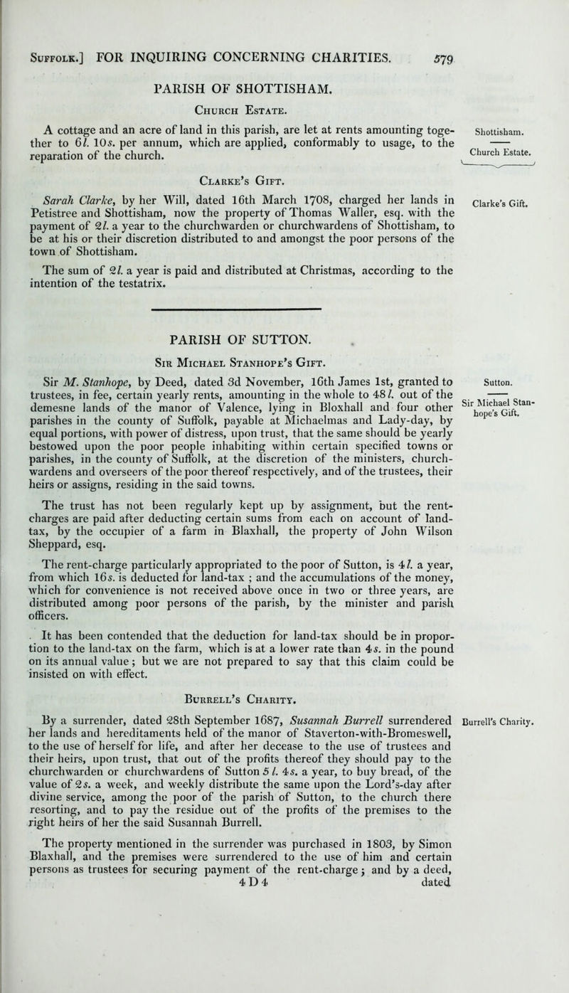 PARISH OF SHOTTISHAM. Church Estate. A cottage and an acre of land in this parish, are let at rents amounting toge- ther to 61. 10s. per annum, which are applied, conformably to usage, to the reparation of the church. Clarke’s Gift. Sarah Clarke, by her Will, dated 16th March 1708, charged her lands in Petistree and Shottisham, now the property of Thomas Waller, esq. with the payment of 2/. a year to the churchwarden or churchwardens of Shottisham, to be at his or their discretion distributed to and amongst the poor persons of the town of Shottisham. The sum of 21. a year is paid and distributed at Christmas, according to the intention of the testatrix. Shottisham. Church Estate. v , / Clarke’s Gift. PARISH OF SUTTON. Sir Michael Stanhope’s Gift. Sir M. Stanhope, by Deed, dated 3d November, lGth James 1st, granted to Sutton, trustees, in fee, certain yearly rents, amounting in the whole to 48/. out of the demesne lands of the manor of Valence, lying in Bloxhall and four other tan parishes in the county of Suffolk, payable at Michaelmas and Lady-day, by equal portions, with power of distress, upon trust, that the same should be yearly bestowed upon the poor people inhabiting within certain specified towns or parishes, in the county of Suffolk, at the discretion of the ministers, church- wardens and overseers of the poor thereof respectively, and of the trustees, their heirs or assigns, residing in the said towns. The trust has not been regularly kept up by assignment, but the rent- charges are paid after deducting certain sums from each on account of land- tax, by the occupier of a farm in Blaxhall, the property of John Wilson Sheppard, esq. The rent-charge particularly appropriated to the poor of Sutton, is 4/. a year, from which 16 s. is deducted for land-tax ; and the accumulations of the money, which for convenience is not received above once in two or three years, are distributed among poor persons of the parish, by the minister and parish officers. . It has been contended that the deduction for land-tax should be in propor- tion to the land-tax on the farm, which is at a lower rate than 4s. in the pound on its annual value; but we are not prepared to say that this claim could be insisted on with effect. Burrell’s Charity. By a surrender, dated 28th September 1687, Susannah Burrell surrendered Burrell’s Charity, her lands and hereditaments held of the manor of Staverton-with-Bromeswell, to the use of herself for life, and after her decease to the use of trustees and their heirs, upon trust, that out of the profits thereof they should pay to the churchwarden or churchwardens of Sutton 5/. 4s. a year, to buy bread, of the value of 2s. a week, and weekly distribute the same upon the Lord’s-day after divine service, among the poor of the parish of Sutton, to the church there resorting, and to pay the residue out of the profits of the premises to the right heirs of her the said Susannah Burrell. The property mentioned in the surrender was purchased in 1803, by Simon Blaxhall, and the premises were surrendered to the use of him and certain persons as trustees for securing payment of the rent-charge j and by a deed, 4 D 4 dated