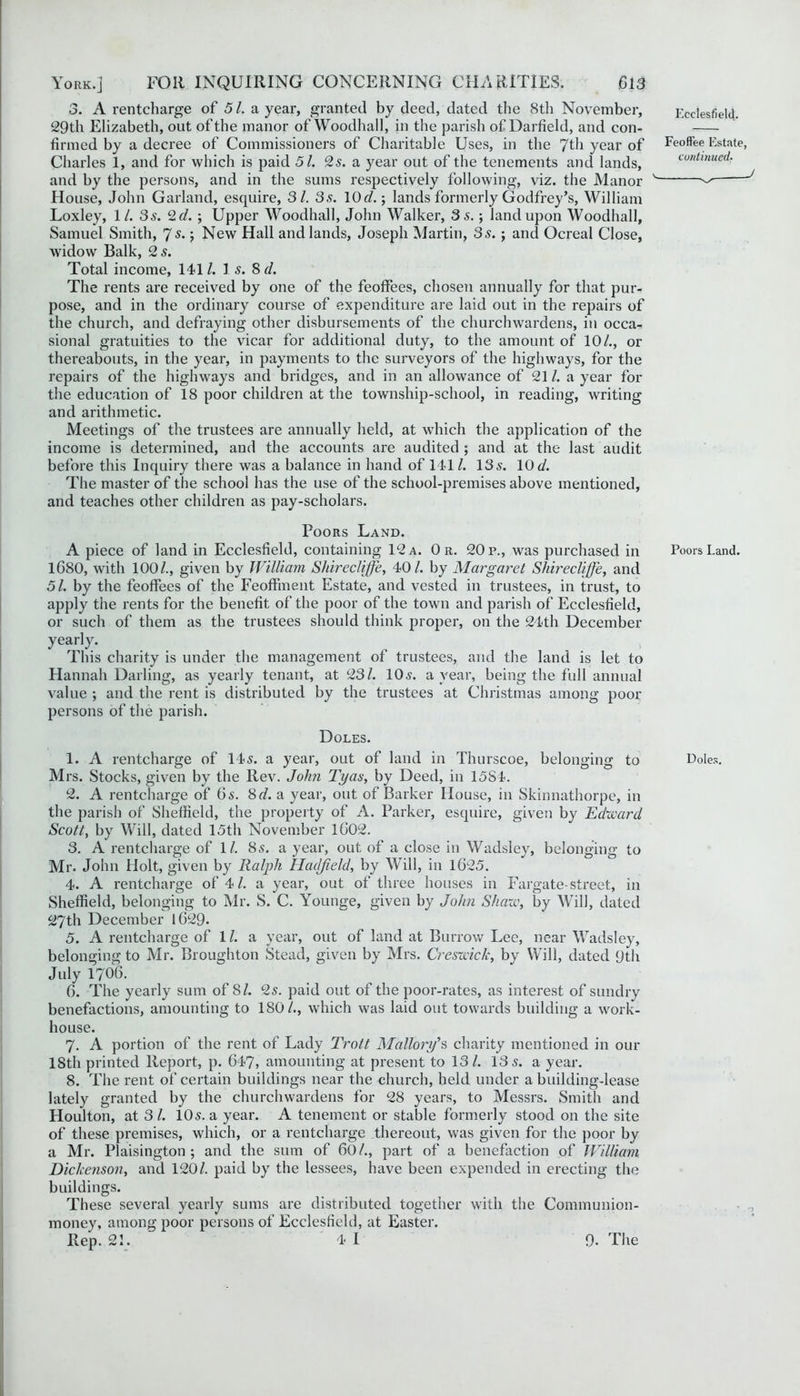 3. A rentcharge of 51. a year, granted by deed, dated the 8th November, 29th Elizabeth, out of the manor of Woodhall, in the parish of Darfield, and con- firmed by a decree of Commissioners of Charitable Uses, in the 7th year of Charles 1, and for which is paid 51. 2s. a year out of the tenements and lands, and by the persons, and in the sums respectively following, viz. the Manor House, John Garland, esquire, 31. 3s. 10 c?.; lands formerly Godfrey’s, William Loxley, 1/. 3s. 2 d. ; Upper Woodhall, John Walker, 3 s.; land upon Woodhall, Samuel Smith, 7s.; New Hall and lands, Joseph Martin, 3s. ; and Ocreal Close, widow Balk, 2 s. Total income, 141 /. Is. 8 d. The rents are received by one of the feoffees, chosen annually for that pur- pose, and in the ordinary course of expenditure are laid out in the repairs of the church, and defraying other disbursements of the churchwardens, in occa- sional gratuities to the vicar for additional duty, to the amount of 10/., or thereabouts, in the year, in payments to the surveyors of the highways, for the repairs of the highways and bridges, and in an allowance of 21/. a year for the education of 18 poor children at the township-school, in reading, writing and arithmetic. Meetings of the trustees are annually held, at which the application of the income is determined, and the accounts are audited ; and at the last audit before this Inquiry there was a balance in hand of 1411. 13s. 10</. The master of the school has the use of the school-premises above mentioned, and teaches other children as pay-scholars. Poors Land. A piece of land in Ecclesfield, containing 12 a. 0 r. 20 p., was purchased in 1680, with 100/., given by William Shirecliffe, 40/. by Margaret Shirecliffe, and 51. by the feoffees of the Feoffment Estate, and vested in trustees, in trust, to apply the rents for the benefit of the poor of the town and parish of Ecclesfield, or such of them as the trustees should think proper, on the 24th December yearly. This charity is under the management of trustees, and the land is let to Hannah Darling, as yearly tenant, at 231. 10.?. a year, being the full annual value ; and the rent is distributed by the trustees at Christmas among poor persons of the parish. Doles. 1. A rentcharge of 145. a year, out of land in Thurscoe, belonging to Mrs. Stocks, given by the Rev. John Tyas, by Deed, in 1584. 2. A rentcharge of 6s. 8d. a year, out of Barker House, in Skinnathorpe, in the parish of Sheffield, the property of A. Parker, esquire, given by Edward Scott, by Will, dated 15th November 1002. 3. A rentcharge of 1/. 85. a year, out of a close in Wadsley, belonging to Mr. John Holt, given by Ralph Hadjield, by Will, in 1625. 4. A rentcharge of 4/. a year, out of three houses in Fargate-street, in Sheffield, belonging to Mr. S. C. Younge, given by John Shaw, by Will, dated 27th December 1629- 5. A rentcharge of 1/. a year, out of land at Burrow Lee, near Wadsley, belonging to Mr. Broughton Stead, given by Mrs. Creswic/c, by Wili, dated 9th July 1706. 6. The yearly sum of 8/. 2s. paid out of the poor-rates, as interest of sundry benefactions, amounting to 180/., which was laid out towards building a work- house. 7. A portion of the rent of Lady Trott Mallory’s charity mentioned in our 18th printed Report, p. 647, amounting at present to 13/. 13 5. a year. 8. The rent of certain buildings near the church, held under a building-lease lately granted by the churchwardens for 28 years, to Messrs. Smith and Houlton, at 3 /. 105. a year. A tenement or stable formerly stood on the site of these premises, which, or a rentcharge thereout, was given for the poor by a Mr. Plaisington ; and the sum of 60/., part of a benefaction of William Dickenson, and 120/. paid by the lessees, have been expended in erecting the buildings. These several yearly sums are distributed together with the Communion- money, among poor persons of Ecclesfield, at Easter. Rep. 21. 4 I 9* The