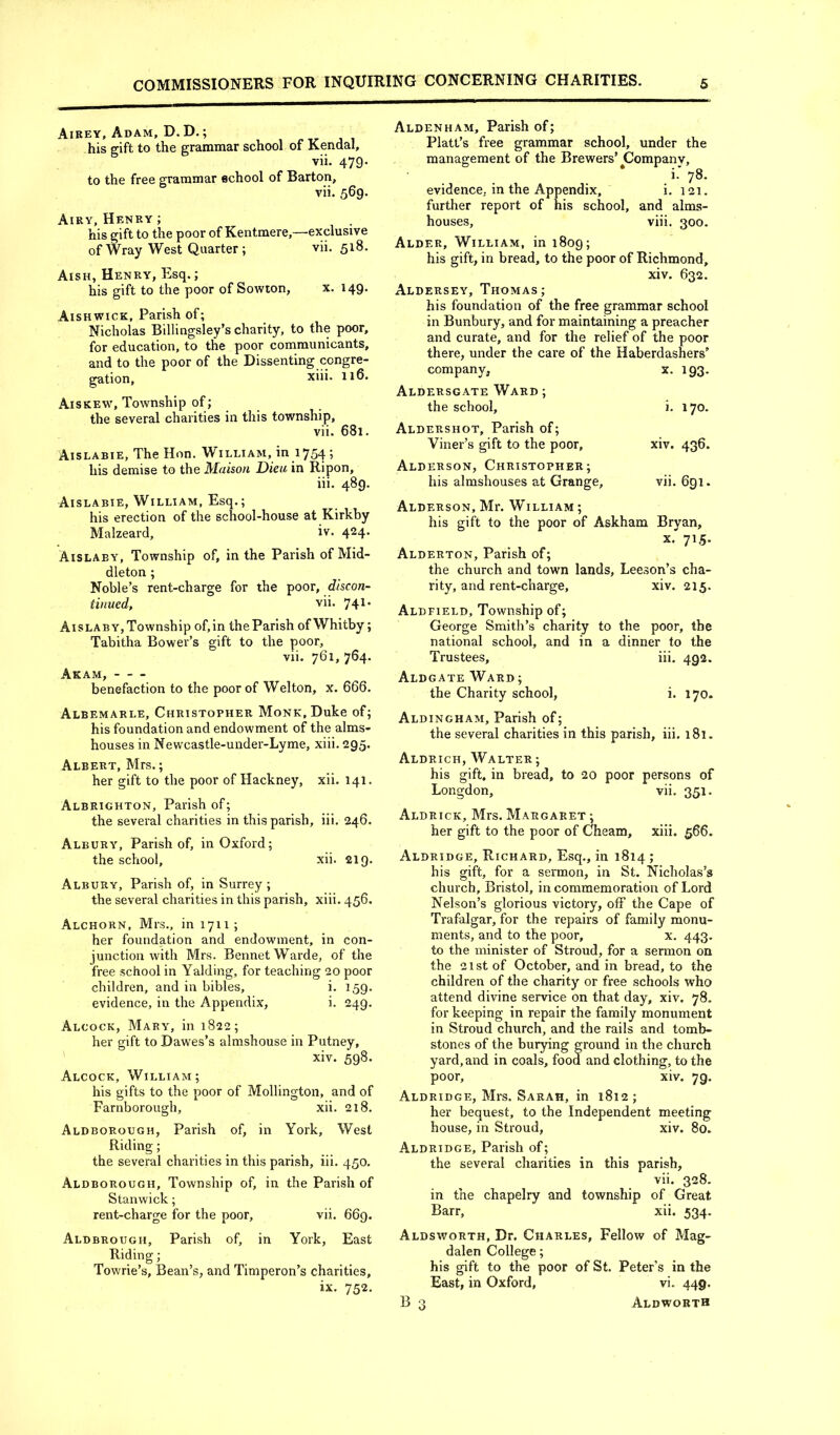 Aieey, Adam, D.D.; his ffift to the grammar school of Kendal, vii. 479- to the free grammar school of Barton, vii. 569- Airv, Henry; his gift to the poor of Kentmere,—exclusive of Wray West Quarter ; vii. 518. Aish, Henry, Esq.; his gift to the poor of Sowton, x. 149. Aishwick, Parish of; Nicholas Billingsley’s charity, to the poor, for education, to the poor communicants, and to the poor of the Dissenting congre- gation, xiii. 116. Aiskew, Township of; the several charities in this township, vii. 681. Aislabie, The Hon. William, in 1754 ; his demise to the Mahon Dieu in Ripon, iii. 489. Aislabie, William, Esq.; his erection of the school-house at Kirkby Malzeard, iv. 424. Aislaby, Township of, in the Parish of Mid- dleton ; Noble’s rent-charge for the poor, discon- tinued, vii. 74^* Aislaby,Township of,in theParish of Whitby; Tabitha Bower’s gift to the poor, vii. 761,764. Akam, benefaction to the poor of Wei ton, x. 666. Albemarle, Christopher Monk, Duke of; his foundation and endowment of the alms- houses in Newcastle-under-Lyme, xiii. 295. Albert, Mrs.; her gift to the poor of Hackney, xii. 141. Albrighton, Parish of; the several charities in this parish, iii. 246. Albury, Parish of, in Oxford; the school, xii. 219. Albury, Parish of, in Surrey ; the several charities in this parish, xiii. 456. Alchorn, Mrs., in 1711; her foundation and endowment, in con- junction with Mrs. BennetWarde, of the free school in Yalding, for teaching 20 poor children, and in bibles, i. 159. evidence, in the Appendix, i. 249. Alcock, Mary, in 1822; her gift to Dawes’s almshouse in Putney, xiv. 598. Alcock, William; his gifts to the poor of Mollington, and of Farnborough, xii. 218. Aldborough, Parish of, in York, West Riding; the several charities in this parish, iii. 450. Aldborough, Township of, in the Parish of Stanwick; rent-charge for the poor, vii. 669. Aldbrough, Parish of, in York, East Riding; Towrie’s, Bean’s, and Timperon’s charities, ix. 752. Aldenham, Parish of; Platt’s free grammar school, under the management of the Brewers’ Company, i. 78. evidence, in the Appendix, i. 121. further report of his school, and alms- houses, viii. 300. Alder, William, in 1809; his gift, in bread, to the poor of Richmond, xiv. 632. Aldersey, Thomas; his foundation of the free grammar school in Bunbury, and for maintaining a preacher and curate, and for the relief of the poor there, under the care of the Haberdashers’ company, x. 193. Aldersgate Ward ; the school, i. 170. Aldershot, Parish of; Viner’s gift to the poor, xiv. 436. Alderson, Christopher; his almshouses at Grange, vii. 6gi. Alderson, Mr. William ; his gift to the poor of Askham Bryan, X. 71.5. Alderton, Parish of; the church and town lands, Leeson’s cha- rity, and rent-charge, xiv. 215. Aldfield, Township of; George Smith’s charity to the poor, the national school, and in a dinner to the Trustees, iii. 492. Aldgate Ward ; the Charity school, i. 170. Aldingham, Parish of; the several charities in this parish, iii. 181. Aldrich, Walter; his gift, in bread, to 20 poor persons of Longdon, vii. 35a. Aldrick, Mrs. Margaret ; her gift to the poor of Cheam, xiii. 566. Aldridge, Richard, Esq., in 1814 ; his gift, for a sermon, in St. Nicholas’s church, Bristol, in commemoration of Lord Nelson’s glorious victory, off the Cape of Trafalgar, for the repairs of family monu- ments, and to the poor, x. 443. to the minister of Stroud, for a sermon on the 21st of October, and in bread, to the children of the charity or free schools who attend divine service on that day, xiv. 78. for keeping in repair the family monument in Stroud church, and the rails and tomb- stones of the burying ground in the church yard, and in coals, food and clothing, to the poor, xiv. 79. Aldridge, Mrs. Sarah, in 1812; her bequest, to the Independent meeting house, in Stroud, xiv. 80. Aldridge, Parish of; the several charities in this parish, vii. 328. in the chapelry and township of Great Barr, xii. 534. Aldsworth, Dr. Charles, Fellow of Mag- dalen College; his gift to the poor of St. Peter’s in the East, in Oxford, vi. 449. B 3 Aldwokth