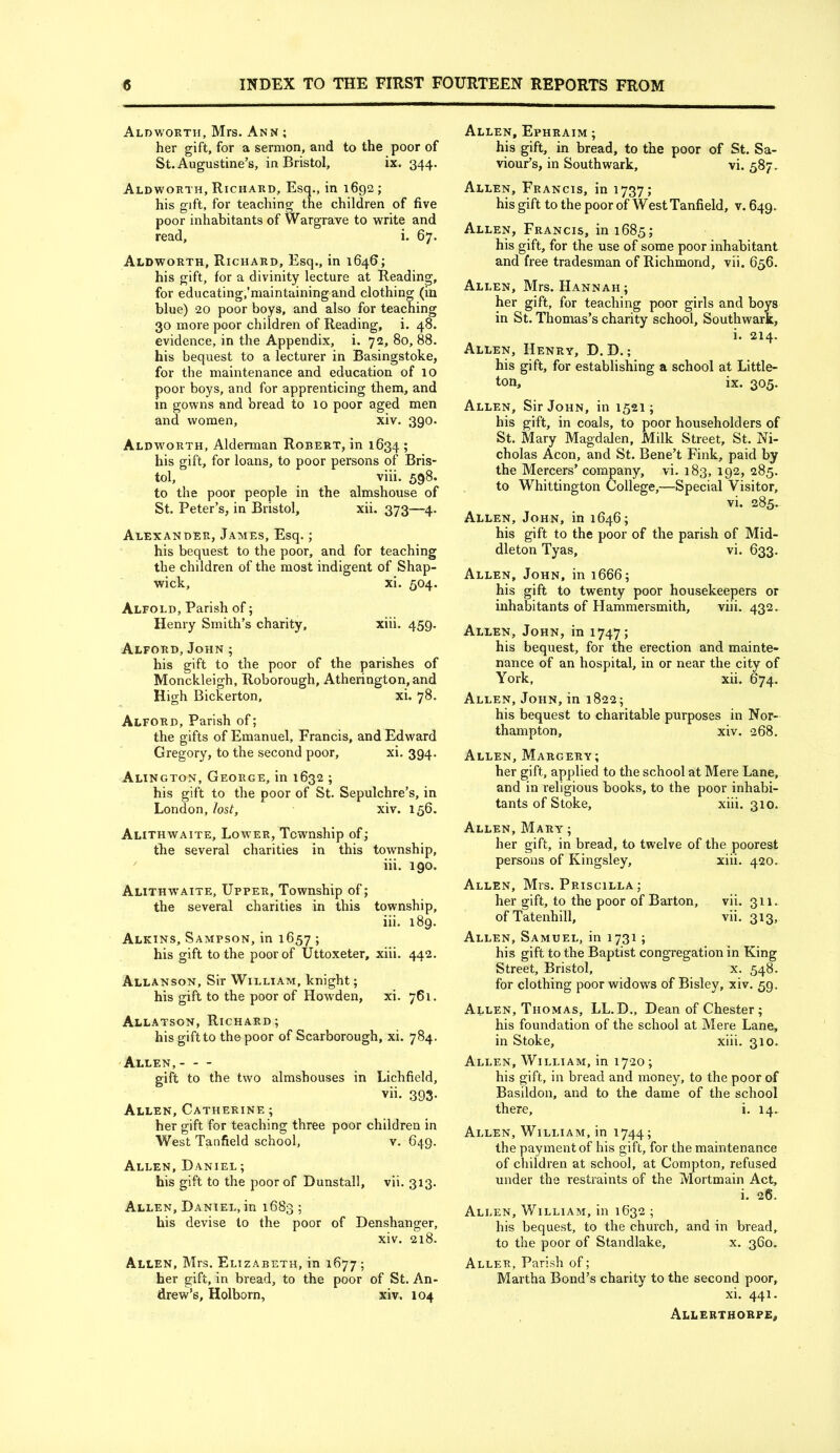 Aldworth, Mrs. Ann ; her gift, for a sermon, and to the poor of St. Augustine’s, in Bristol, ix. 344. Aldworth, Richard, Esq., in 1692 ; his gift, for teaching the children of five poor inhabitants of Wargrave to write and read, i. 67. Aldworth, Richard, Esq., in 1646; his gift, for a divinity lecture at Reading, for educating,’maintaining and clothing (in blue) 20 poor boys, and also for teaching 30 more poor children of Reading, i. 48. evidence, in the Appendix, i. 72, 80, 88. his bequest to a lecturer in Basingstoke, for the maintenance and education of 10 poor boys, and for apprenticing them, and in gowns and bread to 10 poor aged men and women, xiv. 390. Aldworth, Alderman Robert, in 1634 ; his gift, for loans, to poor persons of Bris- tol, viii. 598. to the poor people in the almshouse of St. Peter’s, in Bristol, xii. 373—4. Alexander, James, Esq.; his bequest to the poor, and for teaching the children of the most indigent of Shap- wick, xi. 504. Alfold, Parish of; Henry Smith’s charity, xiii. 459. Alford, John ; his gift to the poor of the parishes of Monckleigh, Roborough, Atherington, and High Bickerton, xi. 78. Alford, Parish of; the gifts of Emanuel, Francis, and Edward Gregory, to the second poor, xi. 394. Alington, George, in 1632 ; his gift to the poor of St. Sepulchre’s, in London, lost, xiv. 156. Authwaite, Lower, Township of; the several charities in this township, iii. 190. Alithw'aite, Upper, Township of; the several charities in this township, iii. 189. Alkins, Sampson, in 1657 ; his gift to the poor of Uttoxeter, xiii. 442. Allanson, Sir William, knight; his gift to the poor of How'den, xi. 761. Allatson, Richard; his gift to the poor of Scarborough, xi. 784. 'Allen, gift to the two almshouses in Lichfield, vii. 393- Allen, Catherine ; her gift for teaching three poor children in West Tanfield school, v. 649. Allen, Daniel; his gift to the poor of Dunstall, vii. 313. Allen, Daniel, in 1683 ; his devise to the poor of Denshanger, xiv. 218. Allen, Mrs. Elizabeth, in 1677 ; her gift, in bread, to the poor of St. An- drew’s, Holborn, xiv. 104 Allen, Ephraim ; his gift, in bread, to the poor of St. Sa- viour’s, in Southwark, vi. 587. Allen, Francis, in 1737; his gift to the poor of West Tanfield, v. 649. Allen, Francis, in 1685; his gift, for the use of some poor inhabitant and free tradesman of Richmond, vii. 656. Allen, Mrs. Hannah; her gift, for teaching poor girls and boys in St. Thomas’s charity school, Southwark, i. 214. Allen, Henry, D.D. ; his gift, for establishing a school at Little- ton, ix. 305. Allen, Sir John, in 1521; his gift, in coals, to poor householders of St. Mary Magdalen, Milk Street, St. Ni- cholas Aeon, and St. Bene’t Fink, paid by the Mercers’ company, vi. 183, 192, 285. to Whittington College,—Special Visitor, vi. 285. Allen, John, in 1646; his gift to the poor of the parish of Mid- dleton Tyas, vi. 633. Allen, John, in 1666; his gift to twenty poor housekeepers or inhabitants of Hammersmith, viii. 432. Allen, John, in 1747; his bequest, for the erection and mainte- nance of an hospital, in or near the city of York, xii. 674. Allen, John, in 1822; his bequest to charitable purposes in Nor- thampton, xiv. 268. Allen, Margery; her gift, applied to the school at Mere Lane, and in religious books, to the poor inhabi- tants of Stoke, xiii. 310. Allen, Mary ; her gift, in bread, to twelve of the poorest persons of Kingsley, xiii. 420. Allen, Mrs. Priscilla ; her gift, to the poor of Barton, vii. 311. ofTatenhill, vii. 313, Allen, Samuel, in 1731; his gift to the Baptist congregation in King Street, Bristol, x. 548. for clothing poor widows of Bisley, xiv. 59. Allen, Thomas, LL.D., Dean of Chester; his foundation of the school at Mere Lane, in Stoke, xiii. 310. Allen, William, in 1720; his gift, in bread and money, to the poor of Basildon, and to the dame of the school there, i. 14. Allen, William, in 1744; the payment of his gift, for the maintenance of children at school, at Compton, refused under the restraints of the Mortmain Act, i. 26. Allen, William, in 1632 ; his bequest, to the church, and in bread, to the poor of Standlake, x. 360. Aller, Parish of; Martha Bond’s charity to the second poor, xi. 441. Allebthorpe,