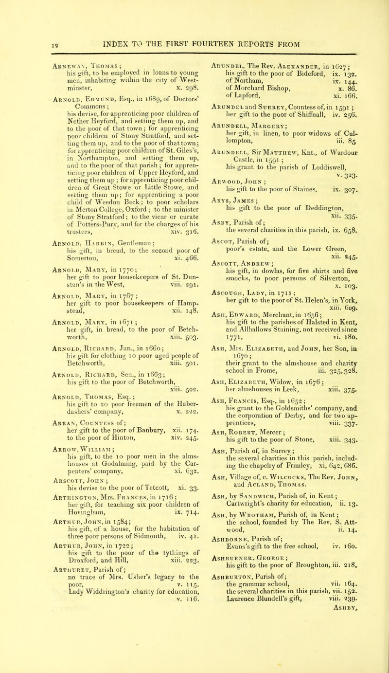 Akneway, Thomas; his gift, to be employed in loans to young men, inhabiting within the city of West- minster, X. 298. Arnold, Edmund, Esq., in 1689, of Doctors’ Commons; his devise, for apprenticing poor children of Nether Heyford, and setting them up, and to the poor of that town; for apprenticing poor children of Stony Stratford, and set- ting them up, and to the poor of that town; for apprenticing poor children of St. Giles’s, in Northampton, and setting them up, and to the poor of that parish ; for appren- ticing poor children of Upper Heyford, and setting them up ; for apprenticing poor chil- dren of Great Stowe or Little Stowe, and setting them up; for apprenticing a poor child of Weedon Beck; to poor scholars in Merton College, Oxford ; to the minister of Stony Stratford; to the vicar or curate of Potters-Purv, and for the charges of his trustees, xiv. 316. Arnold, Harbin, Gentleman; his gift, in bread, to the second poor of Sonierton, xi. 466. Arnold, Mary, in 1770; her gift to poor housekeepers of St. Dun- stan’s in the West, viii. 291. Arnold, Mary, in 1767; her gift to poor housekeepers of Hamp- stead, xii. 148. Arnold, Mary, in 1671 ; her gift, in bread, to the poor of Betch- worth, xiii, 503. Arnold, Richard, Jun., in 1660; his gift for clothing 10 poor aged people of Betchworth, xiii. 501. Arnold, Richard, Sen., in 1663; his gift to the poor of Betchworth, xiii. 502. Arnold, Thomas, Esq.; his gift to 20 poor freemen of the Haber- dashers’ company, x. 222. Arran, Countess of; her gift to the poor of Banbury, xii. 174. to the poor of Hinton, xiv. 245. Arrow, William ; his gift, to the 10 poor men in the alms- houses at Godaiming, paid by the Car- penters’ company, xi. 632. Arscott, John ; his devise to the poor of Tetcott, xi. 33. Artkington, Mrs. Frances, in 1716; her gift, for teaching six poor children of Hovingham, ix. 714. Arthur, John, in 1584; his gift, of a house, for the habitation of three poor persons of Sidmouth, iv. 41. Arthur, John, in 1722; his gift to the poor of th® tythings of Droxford, and Hill, xiii. 223. Arthuret, Parish of; no trace of Mrs. Usher’s legacy to the poor, v. 115. Lady Widdrington’s charity for education, V. 116. Arundel, The Rev. Alexander, in 1627; his gift to the poor of Bideford, ix. 132. ofNortham, ix. 144. of Morchard Bishop, x. 86. ofLapford, xi. 166. Arundel and Surrey, Countess of, in 1591 ; her gift to the poor of Shiffnall, iv. 256. Arundell, Margery; her gift, in linen, to poor widows of Cul- lompton, iii. 85 Arundell, Sir Matthew, Knt., of Wardour Castle, in 1591 ; his grant to the parish of Loddiswell, V. 323- Arwood, John ; his gift to the poor of Staines, ix. 307. Arys, James ; his gift to the poor of Deddington, xii. 335- As BY, Parish of; the several charities in this parish, ix. 658. Ascot, Parish of; poor’s estate, and the Lower Green, xii. 245. Ascott, Andrew ; his gift, in dowlas, for five shirts and five smocks, to poor persons of Silverton, X. 103. Ascough, Lady, in 1711 ; her gift to the poor of St. Helen’s, in York, xiii. 609. Ash, Edward, Merchant,in 1656; his gift to the parishes of Halsted in Kent, and Allhallows Staining, not received since 1771, vi. 180. Ash, Mrs. Elizabeth, and John, her Son, in 1670; their grant to the almshouse and charity school in Frome, iii. 325,328. Ash, Elizabeth, Widow, in 1676; her almshouses in Leek, xiii. 375. Ash, Francis, Esq., in 1652; his grant to the Goldsmiths’ company, and the corporation of Derby, and for two ap- prentices, viii. 337. Ash, Robert, Mercer; his gift to the poor of Stone, xiii. 343. Ash, Parish of, in Surrey; the several charities in this parish, includ- ing the chapelry of Frimley, xi, 642, 686. Ash, Village of, v. Wilcocks, The Rev. John, and Acland, Thomas. Ash, by Sandwich, Parish of, in Kent; Cartwright’s charity for education, ii. 13. Ash, by Wroth am, Parish of, in Kent; the school, founded by The Rev. S. Att- wood, ii. 14. Ashborne, Parish of; Evans’s gift to the free school, iv. 160. Ashburner. George; his gift to the poor of Broughton, iii. 218. Ashburton, Parish of; the grammar school, vii. 164. the several charities in this parish, vii. 152. Laurence Blundell’s gift, viii. 239. Ashby,