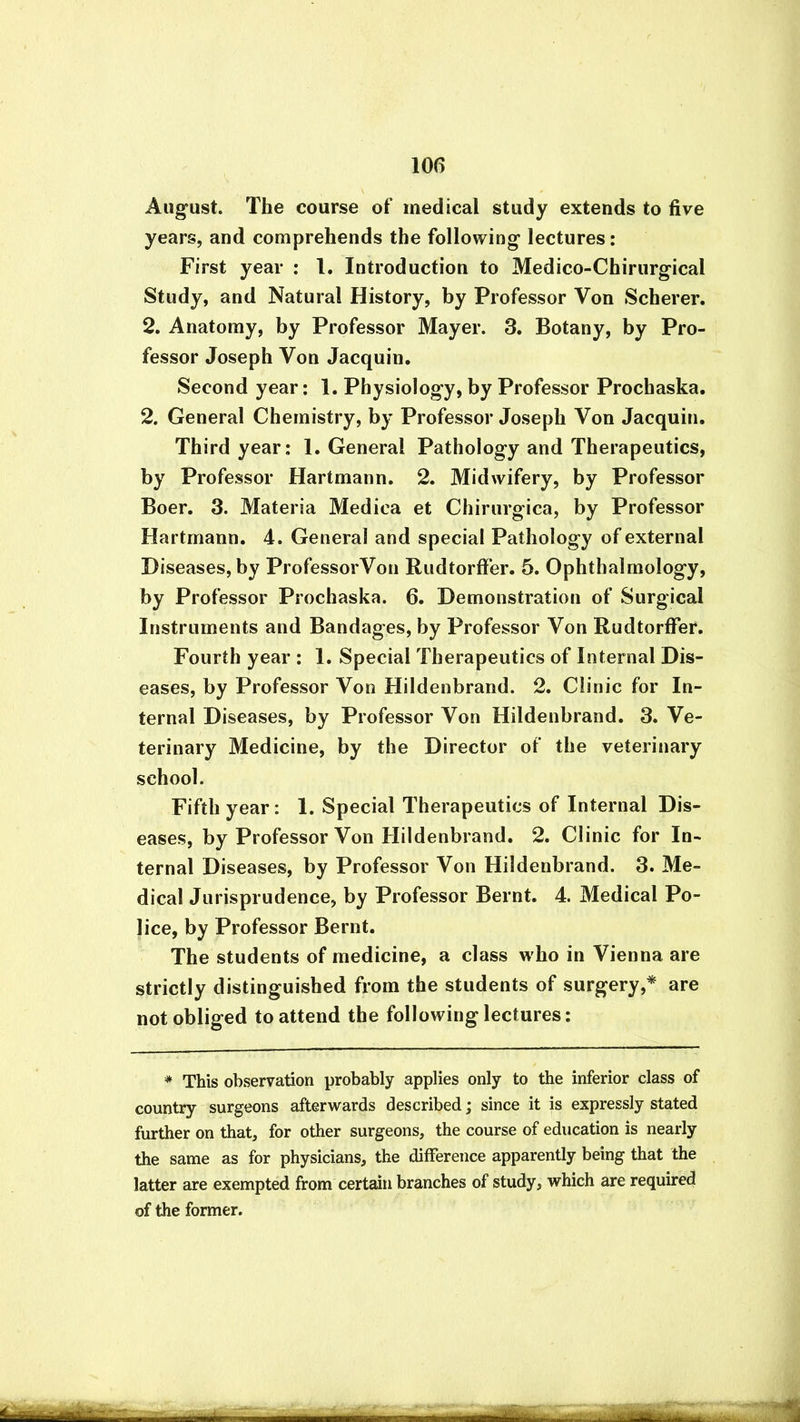 August. The course of medical study extends to five years, and comprehends the following lectures: First year : 1. Introduction to Medico-Chirurgical Study, and Natural History, by Professor Von Scherer. 2. Anatomy, by Professor Mayer. 3. Botany, by Pro- fessor Joseph Von Jacquin. Second year: 1. Physiology, by Professor Prochaska. 2. General Chemistry, by Professor Joseph Von Jacquin. Third year: 1. General Pathology and Therapeutics, by Professor Hartmann. 2. Midwifery, by Professor Boer. 3. Materia Mediea et Chirurgica, by Professor Hartmann. 4. General and special Pathology of external Diseases, by ProfessorVon Rudtorffer. 5. Ophthalmology, by Professor Prochaska. 6. Demonstration of Surgical Instruments and Bandages, by Professor Von Rudtorffer. Fourth year : 1. Special Therapeutics of Internal Dis- eases, by Professor Von Hildenbrand. 2. Clinic for In- ternal Diseases, by Professor Von Hildenbrand. 3. Ve- terinary Medicine, by the Director of the veterinary school. Fifth year: 1. Special Therapeutics of Internal Dis- eases, by Professor Von Hildenbrand. 2. Clinic for In- ternal Diseases, by Professor Von Hildenbrand. 3. Me- dical Jurisprudence, by Professor Bernt. 4. Medical Po- lice, by Professor Bernt. The students of medicine, a class who in Vienna are strictly distinguished from the students of surgery,* are not obliged to attend the following lectures: * This observation probably applies only to the inferior class of country surgeons afterwards described; since it is expressly stated further on that, for other surgeons, the course of education is nearly the same as for physicians, the difference apparently being that the latter are exempted from certain branches of study, which are required of the former.
