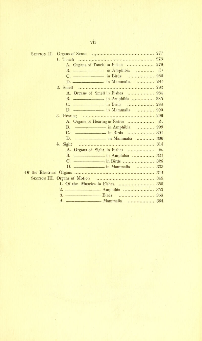 Vll Section II. Organs of Sense 277 1. Touch 278 A. Organs of Touch in Fishes 279 B. in Amphibia il• C. in Birds 280 D. in Mammalia 281 2. Smell 282 A. Organs of Smell in Fishes 284 B. in Amphibia 285 C. in Birds 288 D. in Mammalia 290 3. Hearing 296 A. Organs of Hearing in Fishes il. B. : in Amphibia 299 C. in Birds 304 D. in Mammalia 306 4. Sight 314 A. Organs of Sight in Fishes ib. B. in Amphibia 321 C. — in Birds 326 D. in Mammalia 333 Of the Electrical Organs 344 Section III. Organs of Motion 348 1. Of the Muscles in Fishes 350 2. Amphibia 353 3. Birds 358