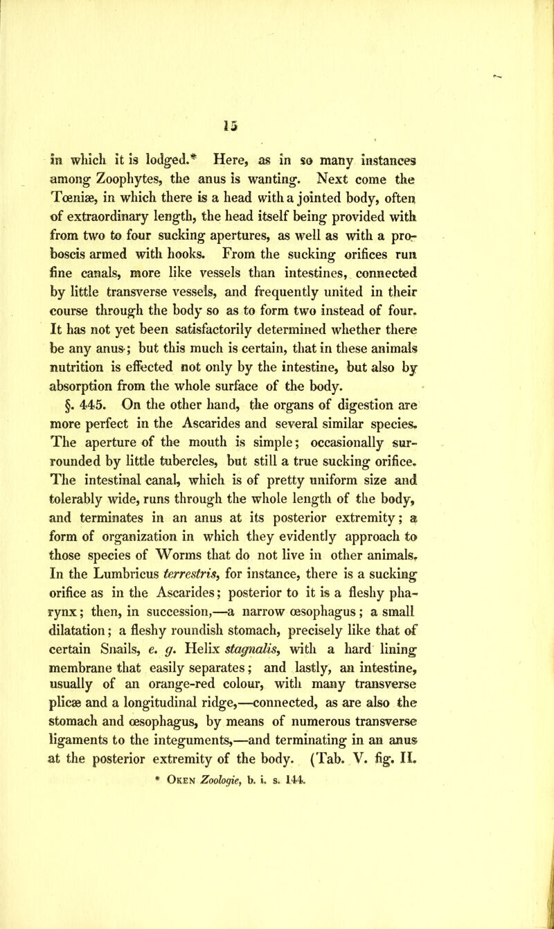 sii which it is lodged.* Here, as in so many instances among Zoophytes, the anus is wanting. Next come the Toenise, in which there is a head with a jointed body, often of extraordinary length, the head itself being provided with from two to four sucking apertures, as well as with a pror boscis armed with hooks. From the sucking orifices run fine canals, more like vessels than intestines, connected by little trans^'^erse vessels, and frequently united in their course through the body so as to form two instead of four. It has not yet been satisfactorily determined whether there be any anus-; but this much is certain, that in these animals nutrition is effected not only by the intestine, but also by absorption from the whole surface of the body. §. 445. On the other hand, the organs of digestion are more perfect in the Ascarides and several similar species. The aperture of the mouth is simple; occasionally sur- rounded by little tubercles, but still a true sucking orifice. The intestinal canal, which is of pretty uniform size and tolerably wide, runs through the whole length of the body, and terminates in an anus at its posterior extremity; a form of organization in which they evidently approach to those species of Worms that do not live in other animals. In the Lumbricus terrestris, for instance, there is a sucking orifice as in the Ascarides; posterior to it is a fleshy pha- rynx ; then, in succession,—a narrow oesophagus; a small dilatation; a fleshy roundish stomach, precisely like that of certain Snails, e. g» Helix stagnalis^ with a hard lining membrane that easily separates; and lastly, an intestine, usually of an orange-red colour, with many transverse plicae and a longitudinal ridge,—connected, as are also the stomach and oesophagus, by means of numerous transverse ligaments to the integuments,—and terminating in an anus at the posterior extremity of the body. {Tab. V. fig. II.