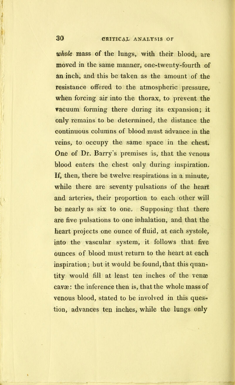 whole mass of the lungs, with their blood, are moved in the same manner, one-twenty-fourth of an inch, and this be taken as the amount of the resistance offered to the atmospheric pressure, when forcing air into the thorax, to prevent the vacuum forming there during its expansion; it only remains to be determined, the distance the continuous columns of blood must advance in the veins, to occupy the same space in the chest. One of Dr. Barry’s premises is, that the venous blood enters the chest only during inspiration. If, then, there be twelve respirations in a minute; while there are seventy pulsations of the heart and arteries, their proportion to each other will be nearly as six to one. Supposing that there are five pulsations to one inhalation, and that the heart projects one ounce of fluid, at each systole, into the vascular system, it follows that five ounces of blood must return to the heart at each inspiration; but it would be found, that this quan- tity would fill at l6ast ten inches of the venae cavae: the inference then is, that the whole mass of venous blood, stated to be involved in this ques-^ tion, advances ten inches, while the lungs only