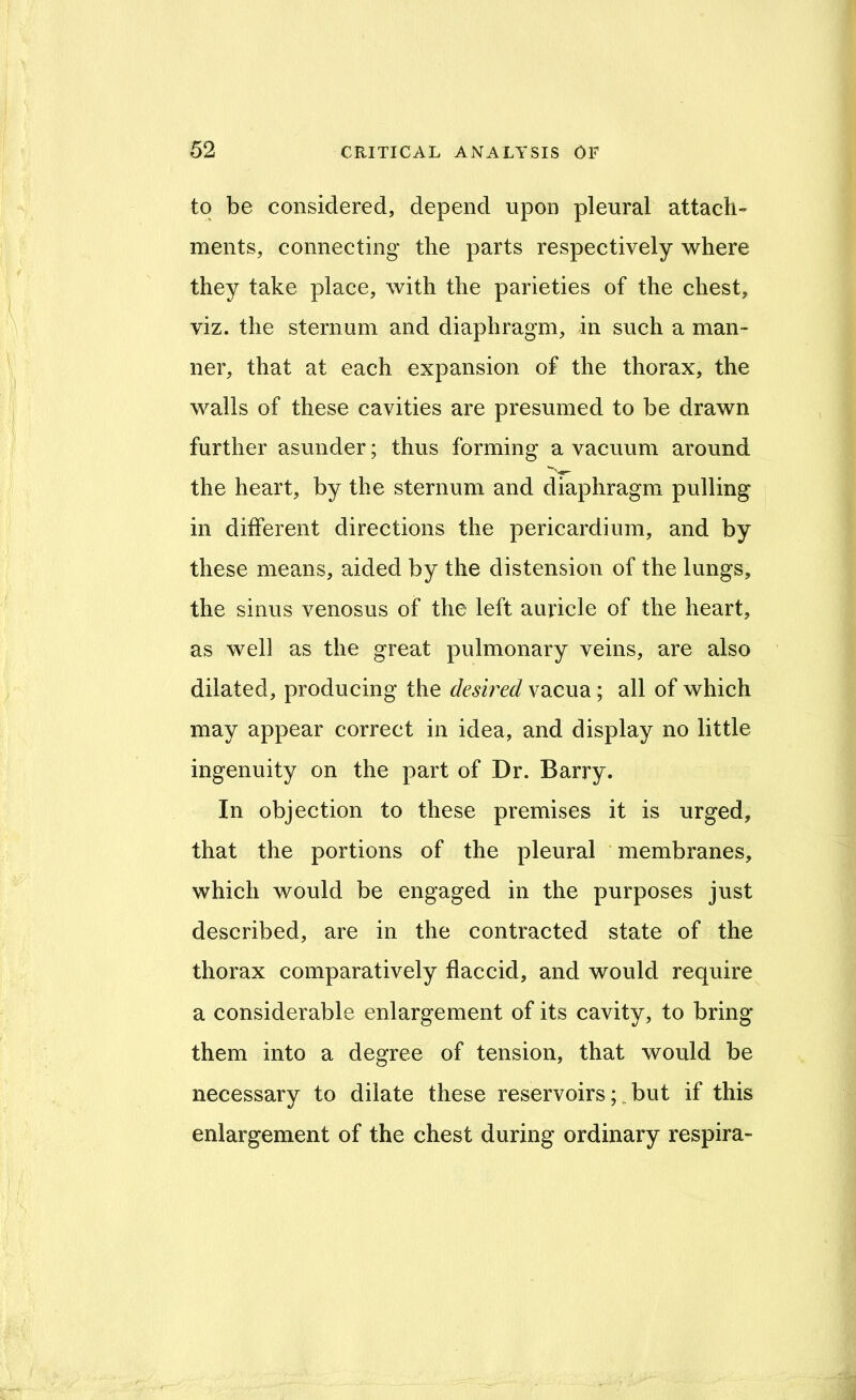 to be considered, depend upon pleural attach-' ments, connecting the parts respectively where they take place, with the parieties of the chest, viz. the sternum and diaphragm, in such a man- ner, that at each expansion of the thorax, the walls of these cavities are presumed to be drawn further asunder; thus forming a vacuum around the heart, by the sternum and diaphragm pulling in different directions the pericardium, and by these means, aided by the distension of the lungs, the sinus venosus of the left auricle of the heart, as well as the great pulmonary veins, are also dilated, producing the desired vacua; all of which may appear correct in idea, and display no little ingenuity on the part of Dr. Barry. In objection to these premises it is urged, that the portions of the pleural membranes, which would be engaged in the purposes just described, are in the contracted state of the thorax comparatively flaccid, and would require a considerable enlargement of its cavity, to bring them into a degree of tension, that would be necessary to dilate these reservoirs but if this enlargement of the chest during ordinary respira-