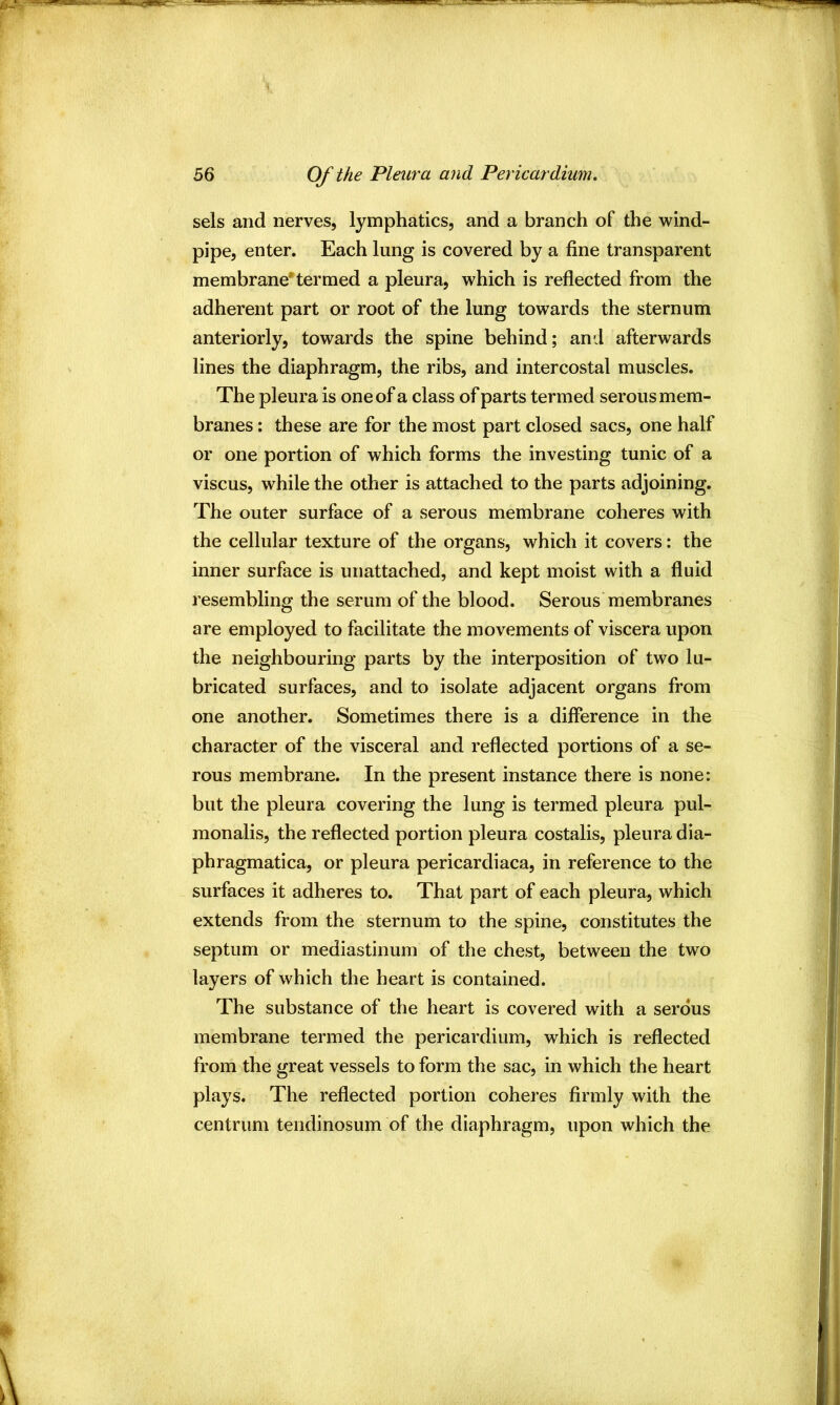 sels and nerves, lymphatics, and a branch of the wind- pipe, enter. Each lung is covered by a fine transparent membrane'termed a pleura, which is reflected from the adherent part or root of the lung towards the sternum anteriorly, towards the spine behind; and afterwards lines the diaphragm, the ribs, and intercostal muscles. The pleura is one of a class of parts termed serous mem- branes : these are for the most part closed sacs, one half or one portion of which forms the investing tunic of a viscus, while the other is attached to the parts adjoining. The outer surface of a serous membrane coheres with the cellular texture of the organs, which it covers: the inner surface is unattached, and kept moist with a fluid resembling the serum of the blood. Serous membranes are employed to facilitate the movements of viscera upon the neighbouring parts by the interposition of two lu- bricated surfaces, and to isolate adjacent organs from one another. Sometimes there is a difference in the character of the visceral and reflected portions of a se- rous membrane. In the present instance there is none: but the pleura covering the lung is termed pleura pul- monalis, the reflected portion pleura costalis, pleura dia- phragmatica, or pleura pericardiaca, in reference to the surfaces it adheres to. That part of each pleura, which extends from the sternum to the spine, constitutes the septum or mediastinum of the chest, between the two layers of which the heart is contained. The substance of the heart is covered with a serous membrane termed the pericardium, which is reflected from the great vessels to form the sac, in which the heart plays. The reflected portion coheres firmly with the centrum tendinosum of the diaphragm, upon which the