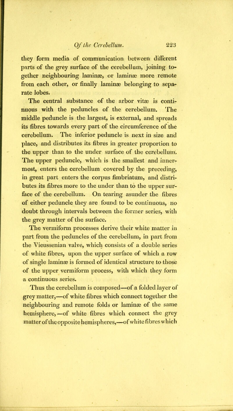 they form media of communication l>etween different parts of the grey surface of the cerebellum, joining to- gether neighbouring laminae, or laminae more remote from each other, or finally laminae belonging to sepa- rate lobes. The central substance of the arbor vitae is conti- nuous with the peduncles of the cerebellum. The middle peduncle is the largest, is external, and spreads its fibres towards every part of the circumference of the cerebellum. The inferior peduncle is next in size and place, and distributes its fibres in greater proportion to the upper than to the under surface of the cerebellum. The upper peduncle, which is the smallest and inner- most, enters the cerebellum covered by the preceding, in great part enters the corpus fimbriatum, and distri- butes its fibres more to the under than to the upper sur- face of the cerebellum. On tearing asunder the fibres of either peduncle they are found to be continuous, no doubt through intervals between the former series, with the grey matter of the surface. The vermiform processes derive their white matter in part from the peduncles of the cerebellum, in part from the Vieussenian valve, which consists of a double series of white fibres, upon the upper surface of which a row of single laminae is formed of identical structure to those of the upper vermiform process, with which they form a continuous series. Thus the cerebellum is composed—of a folded layer of grey matter,—of white fibres which connect together the neighbouring and remote folds or laminae of the same hemisphere,—of white fibres which connect the grey matter of the opposite hemispheres,—of white fibres which