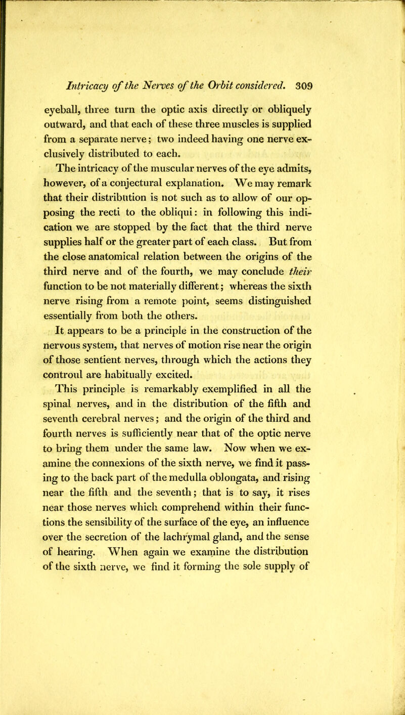 eyeball, three turn the optic axis directly or obliquely outward, and that each of these three muscles is supplied from a separate nerve; two indeed having one nerve ex- clusively distributed to each. The intricacy of the muscular nerves of the eye admits, however, of a conjectural explanation. We may remark that their distribution is not such as to allow of our op- posing the recti to the obliqui: in following this indi- cation we are stopped by the fact that the third nerve supplies half or the greater part of each class. But from the close anatomical relation between the origins of the third nerve and of the fourth, we may conclude their function to be not materially different; whereas the sixth nerve rising from a remote point, seems distinguished essentially from both the others. It appears to be a principle in the construction of the nervous system, that nerves of motion rise near the origin of those sentient nerves, through which the actions they controul are habitually excited. This principle is remarkably exemplified in all the spinal nerves, and in the distribution of the fifth and seventh cerebral nerves; and the origin of the third and fourth nerves is sufficiently near that of the optic neiwe to bring them under the same law. Now when we ex- amine the connexions of the sixth nerve, w^e find it pass- ing to the back part of the medulla oblongata, and rising near the fifth and the seventh; that is to say, it rises near those nerves which comprehend within their func- tions the sensibility of the surface of the eye, an influence over the secretion of the lachrymal gland, and the sense of hearing. When again we examine the distribution of the sixth nerve, we find it forming the sole supply of