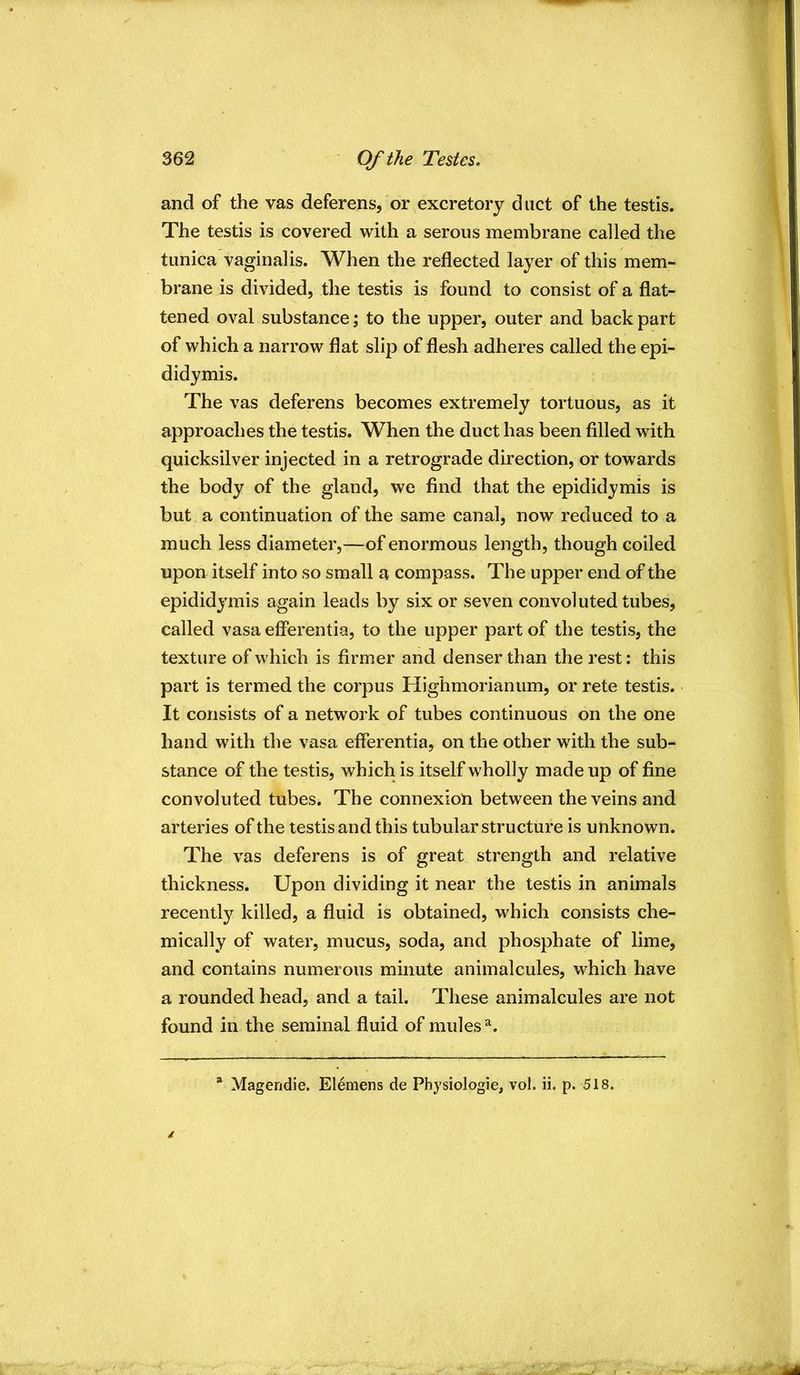 and of the vas deferens, or excretory duct of the testis. The testis is covered with a serous membrane called the tunica vaginalis. When the reflected layer of this mem- brane is divided, the testis is found to consist of a flat- tened oval substance; to the upper, outer and back part of which a narrow flat slip of flesh adheres called the epi- didymis. The vas deferens becomes extremely tortuous, as it approaches the testis. When the duct has been filled with quicksilver injected in a retrograde direction, or towards the body of the gland, we find that the epididymis is but a continuation of the same canal, now reduced to a much less diameter,—of enormous length, though coiled upon itself into so small a compass. The upper end of the epididymis again leads by six or seven convoluted tubes, called vasa efferentia, to the upper part of the testis, the texture of which is firmer and denser than the rest: this part is termed the corpus Highmorianum, or rete testis. It consists of a network of tubes continuous on the one hand with the vasa efferentia, on the other with the sub- stance of the testis, which is itself wholly made up of fine convoluted tubes. The connexion between the veins and arteries of the testis and this tubular structure is unknown. The vas deferens is of great strength and relative thickness. Upon dividing it near the testis in animals recently killed, a fluid is obtained, which consists che- mically of water, mucus, soda, and phosphate of lime, and contains numerous minute animalcules, which have a rounded head, and a tail. These animalcules are not found in the seminal fluid of mules Mageridie. Elemens de Physiologie, vol. ii. p. 518.