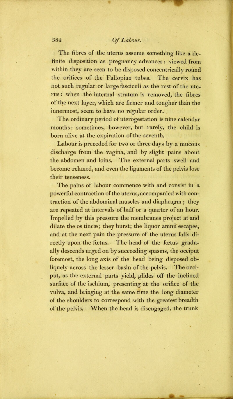 The fibres of the uterus assume something like a de- finite disposition as pregnancy advances : viewed from within they are seen to be disposed concentrically round the orifices of the Fallopian tubes. The cervix has not such regular or large fasciculi as the rest of the ute- rus : when the internal stratum is removed, the fibres of the next layer, which are firmer and tougher than the innermost, seem to have no regular order. The ordinary period of uterogestation is nine calendar months: sometimes, however, but rarely, the child is born alive at the expiration of the seventh. Labour is preceded for two or three days by a mucous discharge from the vagina, and by slight pains about the abdomen and loins. The external parts swell and become relaxed, and even the ligaments of the pelvis lose their tenseness. The pains of labour commence with and consist in a powerful contraction of the uterus, accompanied with con- traction of the abdominal muscles and diaphragm; they are repeated at intervals of half or a quarter of an hour. Impelled by this pressure the membranes project at and dilate the os tincse; they burst; the liquor amnii escapes, and at the next pain the pressure of the uterus falls di- rectly upon the foetus. The head of the foetus gradu- ally descends urged on by succeeding spasms, the occiput foremost, the long axis of the head being disposed ob- liquely across the lesser basin of the pelvis. The occi- put, as the external parts yield, glides off the inclined surface of the ischium, presenting at the orifice of the vulva, and bringing at the same time the long diameter of the shoulders to correspond with the greatest breadth of the pelvis. When the head is disengaged, the trunk