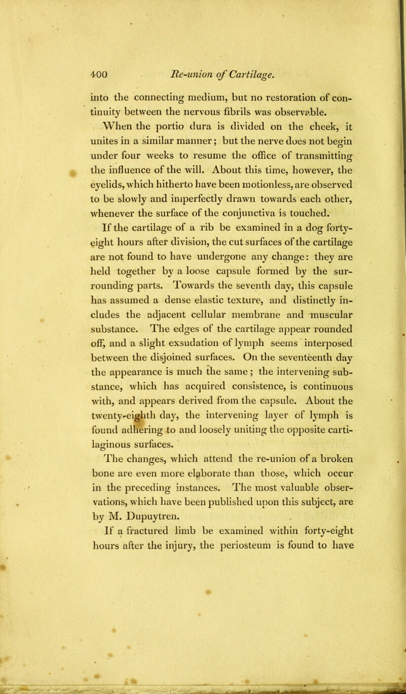 into the connecting medium, but no restoration of con- tinuity between the nervous fibrils was observable. When the portio dura is divided on the cheek, it unites in a similar manner; but the nerve does not begin under four weeks to resume the office of transmitting the influence of the will. About this time, however, the eyelids, which hitherto have been motionless, are observed to be slowly and imperfectly drawn towards each other, whenever the surface of the conjunctiva is touched. If the cartilage of a rib be examined in a dog forty- eight hours after division, the cut surfaces of the cartilage are not found to have undergone any change: they are held together by a loose capsule formed by the sur- rounding parts. Towards the seventh day, this capsule has assumed a dense elastic texture, and distinctly in- cludes the adjacent cellular membrane and muscular substance. The edges of the cartilage appear rounded off, and a slight exsudation of lymph seems ' interposed between the disjoined surfaces. On the seventeenth day the appearance is much the same; the intervening sub- stance, which has acquired consistence, is continuous with, and appears derived from the capsule. About the twentyreighth day, the intervening layer of lymph is found adhering to and loosely uniting the opposite carti- laginous surfaces. The changes, which attend the re-union of a broken bone are even more elaborate than those, which occur in the preceding instances. The most valuable obser- vations, which have been published upon this subject, are by M. Dupuytren. If a fractured limb be examined within forty-eight hours after the injury, the periosteum is found to have