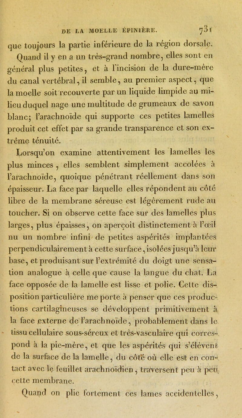 que toujours la partie inférieure de la région dorsale. Quand il y en a un très-grand nombre, elles sont en général plus petites, et à l’incision de la dure-mère du canal vertébral, il semble, au premier aspect, que la moelle soit recouverte par un liquide limpide au mi- lieu duquel nage une multitude de grumeaux de savon blanc; l’arachnoïde qui supporte ces petites lamelles produit cet effet par sa grande transparence et son ex- trême ténuité. Lorsqu’on examine attentivement les lamelles les plus minces , elles semblent simplement accolées à l’arachnoïde, quoique pénétrant réellement dans son épaisseur. La face par laquelle elles répondent au côté libre de la membrane séreuse est légèrement rude au toucher. Si on observe cette face sur des lamelles plus larges, plus épaisses, on aperçoit distinctement à l’œil nu un nombre infini de petites aspérités implantées perpendiculairement à cette surface, isolées jusqu’à leur base, et produisant sur l’extrémité du doigt une sensa- tion analogue à celle que cause la langue du chat. La face opposée de la lamelle est lisse et polie. Celte dis- position particulière me porte à penser que ces produc- tions cartilagineuses se développent primitivement à la face externe de l’arachnoïde, probablement dans le tissu cellulaire sous-séreux et très-vasculaire qui corres- pond à la pie-mère, et que les aspérités qui s’élèvent de la surface de la lamelle, du côte où elle est en con- tact avec lç feuillet arachnoïdien, traversent peu à peu cette membrane. Quand on plie fortement ces lames accidentelles,