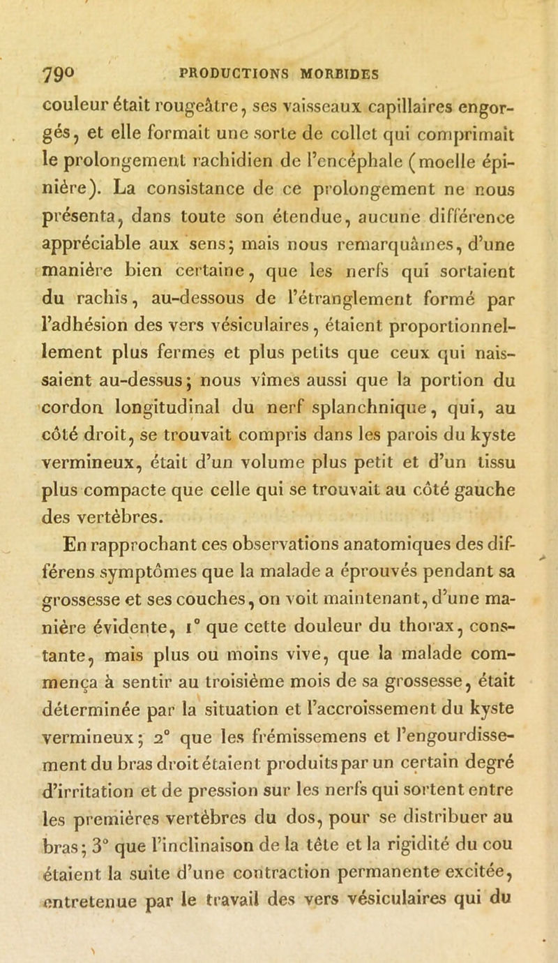 couleur était rougeâtre, ses vaisseaux capillaires engor- gés, et elle formait une sorte de collet qui comprimait le prolongement rachidien de l’encéphale (moelle épi- nière). La consistance de ce prolongement ne nous présenta, dans toute son étendue, aucune différence appréciable aux sens; mais nous remarquâmes, d’une manière bien certaine, que les nerfs qui sortaient du rachis, au-dessous de l’étranglement formé par l’adhésion des vers vésiculaires, étaient proportionnel- lement plus fermes et plus petits que ceux qui nais- saient au-dessus ; nous vîmes aussi que la portion du cordon longitudinal du nerf splanchnique, qui, au côté droit, se trouvait compris dans les parois du kyste vermineux, était d’un volume plus petit et d’un tissu plus compacte que celle qui se trouvait au côté gauche des vertèbres. En rapprochant ces observations anatomiques des dif- férens symptômes que la malade a éprouvés pendant sa grossesse et ses couches, on voit maintenant, d’une ma- nière évidente, i° que cette douleur du thorax, cons- tante, mais plus ou moins vive, que la malade com- mença à sentir au troisième mois de sa grossesse, était déterminée par la situation et l’accroissement du kyste vermineux; 2° que les frémissemens et l’engourdisse- ment du bras droit étaient produits par un certain degré d’irritation et de pression sur les nerfs qui sortent entre les premières vertèbres du dos, pour se distribuer au bras; 3° que l’inclinaison de la tête et la rigidité du cou étaient la suite d’une contraction permanente excitée, entretenue par le travail des vers vésiculaires qui du