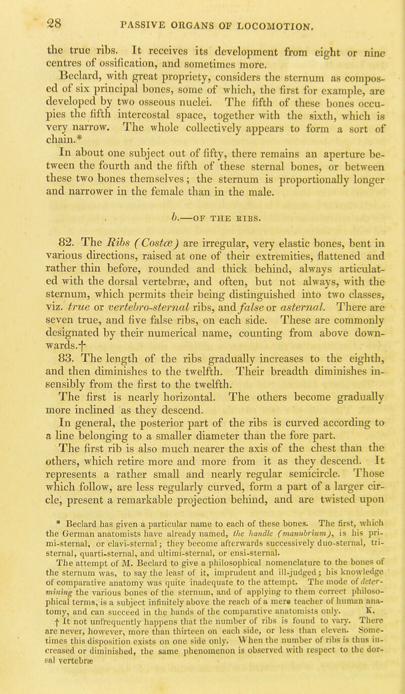 the true ribs. It reeeives its development from eight or nine eentres of ossifieation, and sometimes more. ISeclard, with great propriety, considers the sternum as compos- ed of six principal bones, some of which, the first for example, are developed by two osseous nuclei. The fifth of these bones occu- pies the fifth intercostal space, together with the sixth, which is very narrow. The whole collectively appears to form a sort of chain.* In about one subject out of fifty, there remains an aperture be- tween the fourth and the fifth of these sternal bones, or between these two bones themselves; the sternum is proportionally longer and narrower in the female than in the male. h. OF THE RIBS. 82. The Ribs (Costce) are irregular, very elastic bones, bent in various directions, raised at one of their extremities, flattened and rather thin before, rounded and thick behind, always articulat- ed with the dorsal vertebrae, and often, but not always, with the sternum, which permits their being distinguished into two classes, viz. true or vertehro-sterQial ribs, and/aZse or asternal. There are seven true, and five false ribs, on each side. These are commonly designated by their numerical name, countmg from above down- wards.-f- 83. The length of the ribs gradually increases to the eighth, and then diminishes to the twelfth. Their breadth diminishes in- sensibly from the first to the twelfth. The first is nearly horizontal. The others become gradually more inchned as they descend. In general, the posterior part of the ribs is curved according to a line belonging to a smaller diameter than the fore part. The first rib is also much nearer the axis of the chest than the others, which retire more and more from it as they descend. It represents a rather small and nearly regular semicircle. Those which follow, are less regularly curved, form a part of a larger cir- cle, present a remarkable projection behind, and are twisted upon • Bedard has given a particular name to each of these bones. The first, which the German anatomists have already named, the handle (mantthrium), is his pri- mi-sternal, or clavi-sternal; they become afterwards successively duo-sternal, tii- sternal, quarti-sternal, and ultirai-sternal, or ensi-sternal. Tlie attempt of M. Bedard to give a philosophical nomenclature to the bones of the sternum was, to say the least of it, imprudent and ill-judged; his knowledge of comparative anatomy was quite inadequate to the attempt. The mode of deter- mining the various bones of the sternum, and of applying to them correct philoso- phical terms, is a subject infinitely above the reach of a mere teacher of human ana- tomy, and can succeed in the hands of the comparative anatomists only. K. f It not unfrcqucntly happens that the number of ribs is found to vary. There arc never, however, more than thirteen on each side, or less than eleven. Some- times this disposition exists on one side only. When the number of ribs is thus in- creased or diminished, the same phenomenon is observed with respect to the dor- sal vertebra: