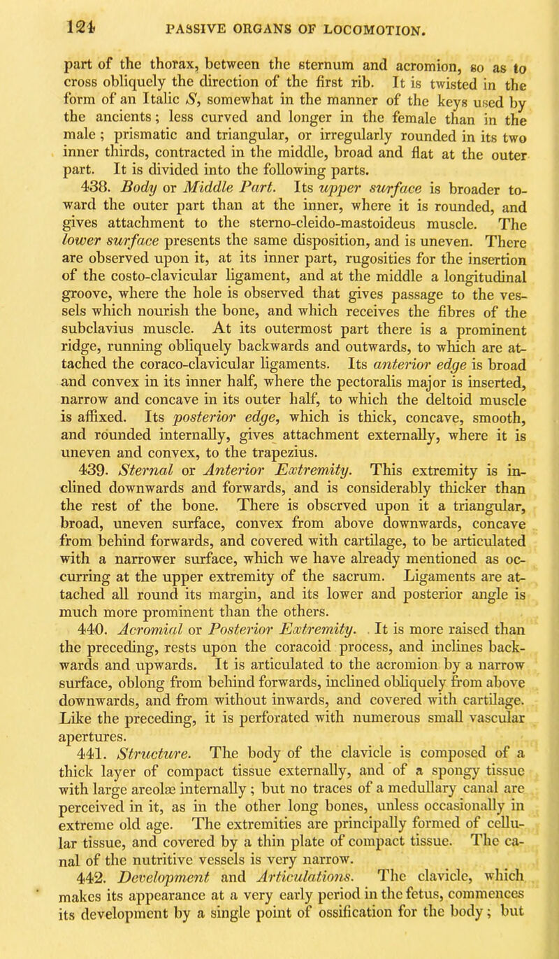 part of the thorax, between the sternum and acromion, so as to cross obliquely the direction of the first rib. It is twisted in the form of an Italic S, somewhat in the manner of the keys used by the ancients; less curved and longer in the female than in the male; prismatic and triangular, or irregularly rounded in its two inner thirds, contracted in the middle, broad and flat at the outer part. It is divided into the following parts. 438. Body or Middle Part. Its upper surface is broader to- ward the outer part than at the inner, where it is rounded, and gives attachment to the sterno-cleido-mastoideus muscle. The lower surface presents the same disposition, and is uneven. There are observed upon it, at its inner part, rugosities for the insertion of the costo-clavicular ligament, and at the middle a longitudinal groove, where the hole is observed that gives passage to the ves- sels which nourish the bone, and which receives the fibres of the subclavius muscle. At its outermost part there is a prominent ridge, running obliquely backwards and outwards, to which are at- tached the coraco-clavicular ligaments. Its anterior edge is broad and convex in its inner half, where the pectoralis major is inserted, narrow and concave in its outer half, to which the deltoid muscle is affixed. Its posterior edge, which is thick, concave, smooth, and rounded internally, gives attachment externally, where it is uneven and convex, to the trapezius. 439- Sternal or Anterior Extremity. This extremity is in- clined downwards and forwards, and is considerably thicker than the rest of the bone. There is observed upon it a triangular, broad, uneven surface, convex from above downwards, concave from behind forwards, and covered with cartilage, to be artierdated with a narrower surface, which we have aheady mentioned as oc- curring at the upper extremity of the sacrum. Ligaments are at- tached aU round its margin, and its lower and posterior angle is much more prominent than the others. 440. Acromial or Posterior Extremity. It is more raised than the preceding, rests upon the coracoid process, and uiclines back- wards and upwards. It is articulated to the acromion by a narrow surface, oblong from behind forwards, inchned obhquely from above downwards, and from without inwards, and covered with cartilage. Like the preceding, it is perforated with numerous small vascular apertures. 441. Structure. The body of the clavicle is composed of a thick layer of compact tissue externally, and of a spongy tissue with large areolae internally; but no traces of a medullary canal are perceived in it, as in the other long bones, unless occasionally in extreme old age. The extremities are principally formed of cellu- lar tissue, and covered by a thin plate of compact tissue. The ca- nal of the nutritive vessels is very narrow. 442. Development and Articulations. The clavicle, which makes its appearance at a very early period in the fetus, commences its development by a single point of ossification for the body; but