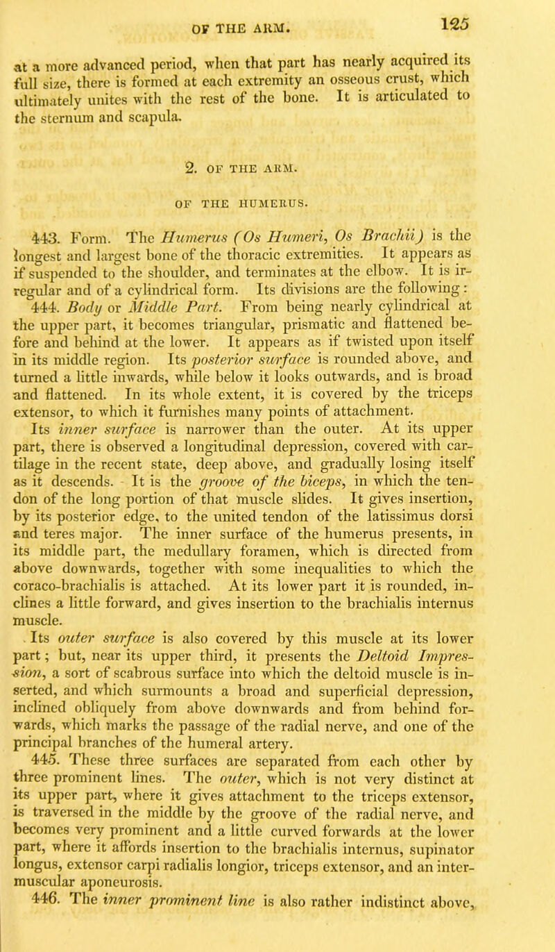 at a more advanced period, wlien that part has nearly acquired its full size, there is formed at each extremity an osseous crust, which ultimately unites with the rest of the bone. It is articulated to the sternum and scapula. 2. OF THE ARM. OF THE HUMERUS. 443. Form. The Humerus (Os Humeri, Os Brachii) is the longest and largest bone of the thoracic extremities. It appears as if suspended to the shoulder, and terminates at the elbow. It is ir- regular and of a cylindrical form. Its divisions are the following: 444. Body or Middle Part. From being nearly cylindrical at the upper part, it becomes triangular, prismatic and flattened be- fore and behind at the lower. It appears as if twisted upon itself in its middle region. Its posterior surface is rounded above, and turned a bttle inwards, while below it looks outwards, and is broad and flattened. In its whole extent, it is covered by the triceps extensor, to which it furnishes many points of attachment. Its inner surface is narrower than the outer. At its upper part, there is observed a longitudinal depression, covered with car- tilage in the recent state, deep above, and gradually losing itself as it descends. It is the groove of the biceps, in which the ten- don of the long portion of that muscle slides. It gives insertion, by its posterior edge, to the united tendon of the latissimus dorsi and teres major. The inner surface of the humerus presents, in its middle part, the medullary foramen, which is directed from above downwards, together with some inequalities to which the coraco-brachialis is attached. At its lower part it is rounded, in- clines a little forward, and gives insertion to the brachialis internus muscle. Its outer surface is also covered by this muscle at its lower part; but, near its upper third, it presents the Deltoid Impres- sion, a sort of scabrous surface into which the deltoid muscle is in- serted, and which surmounts a broad and superficial depression, inclined obliquely from above downwards and from behind for- wards, which marks the passage of the radial nerve, and one of the principal branches of the humeral artery. 445. These three surfaces are separated from each other by three prominent lines. The outer, which is not very distinct at its upper part, where it gives attachment to the triceps extensor, is traversed in the middle by the groove of the radial nerve, and becomes very prominent and a little curved forwards at the lower part, where it affords insertion to the brachialis internus, supinator longus, extensor carpi radialis longior, triceps extensor, and an inter- muscular aponeurosis. 446. The inner prominent line is also rather indistinct above,