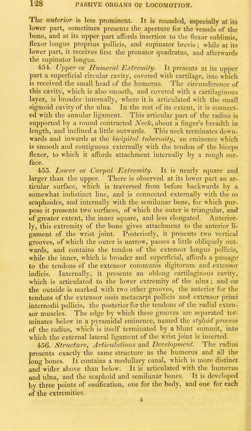 The anterior is less prominent. It is rounded, especially at its lower part, sometimes presents the aperture for tlie vessels of tlie bone, and at its upper part affords insertion to the flexor sublimis, flexor longus proprius pollicis, and supinator brevis; while at its lower part, it receives first the pronator quadratus, and afterwards the supinator longus. 454. Upper or Humeral Extremity. It presents at its upper part a superficial circular cavity, covered with cartilage, into which is received the small head of the humerus. The circumference of this cavity, which is also smooth, and covered with a cartilaginous layer, is broader internally, where it is articulated with the small sigmoid cavity of the ulna. In the rest of its extent, it is connect- ed with the annular ligament. This articular part of the radius is supported by a round contracted Neck, about a finger’s breadth in length, and inclined a little outwards. This neck terminates down- wards and inwards at the bicipital tuberosity, an eminence which is smooth and contiguous externally with the tendon of the biceps flexor, to which it affords attachment internally by a rough sur- face. 455. Lower or Carpal Extremity. It is nearly square and larger than the upper. There is observed at its lower part an ar- ticular surface, which is traversed from before backwards by a somewhat indistinct line, and is connected externally with the os scaphoides, and internally with the semilunar bone, for which pur- pose it presents two surfaces, of which the outer is triangidar, and of greater extent, the inner square, and less elongated. Anterior- ly, this extremity of the bone gives attachment to the anterior li- gament of the wrist joint. Posteriorly, it presents two vertical grooves, of which the outer is narrow, passes a little obliquely out- wards, and contains the tendon of the extensor longus pollicis, while the inner, which is broader and superficial, affords a passage to the tendons of the extensor communis digitorum and extensor indicis. Internally, it presents an oblong cartilaginous cavity, which is articulated to the lower extremity of the ulna; and on the outside is marked with two other grooves, the anterior for the tendons of the extensor ossis metacarpi pollicis and extensor primr internodii pollicis, the posterior for the tendons of the radial exten- sor muscles. The edge by which these grooves are separated ter- minates below in a pyramidal eminence, named the styloid process of the radius, which is itself terminated by a blunt summit, into which the external lateral ligament of the wrist joint is inserted. 456. Structure, Articulations and Development. The radius presents exactly the same structure as the humerus and all the long bones. It contains a medullary canal, which is more distinct and wider above than below. It is articulated with the humerus and ulna, and the scaphoid and semilunar bones. It is developed by three points of ossification, one for the body, and one for each of the extremities. 4-