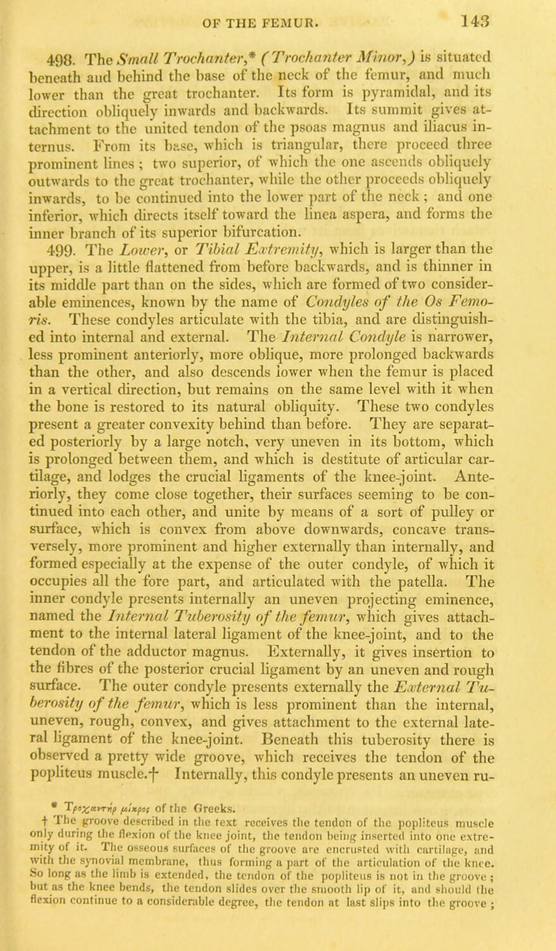 498. The Small Trochanter,* ( Trochanter Minor,) is situated beneath and behind the base of tlie neck of the femur, and much lower than the great trochanter. Its form is pyramidal, and its direction obliquely inwards and backwards. Its summit gives at- tachment to the united tendon of the psoas magnus and iliacus in- ternus. From its base, which is triangular, there proceed three prominent lines ; two superior, of which the one ascends obliquely outwards to the great trochanter, while the other proceeds obliquely inwards, to be continued into the lower part of the neck; and one inferior, which directs itself toward the linea aspera, and forms the inner branch of its superior bifurcation. 499. The Lower, or Tihial Eevtremity, which is larger than the upper, is a little flattened from before backwards, and is thinner in its middle part than on the sides, which are formed of two consider- able eminences, known by the name of Condyles of the Os Femo- ris. These condyles articulate with the tibia, and are distinguish- ed into internal and external. The Internal Condyle is narrower, less prominent anteriorly, more oblique, more prolonged backwards than the other, and also descends lower when the femur is placed in a vertical direction, but remains on the same level with it when the bone is restored to its natural obliquity. These two condyles present a greater convexity behind than before. They are separat- ed posteriorly by a large notch, very uneven in its bottom, which is prolonged between them, and which is destitute of articular car- tilage, and lodges the crucial ligaments of the knee-joint. Ante- riorly, they come close together, their surfaces seeming to be con- tinued into each other, and unite by means of a sort of pulley or surface, which is convex from above downwards, concave trans- versely, more prominent and higher externally than internally, and formed especially at the expense of the outer condyle, of which it occupies all the fore part, and articulated with the patella. The inner condyle presents internally an uneven projecting eminence, named the Internal Tuberosity of the femur, which gives attach- ment to the internal lateral ligament of the knee-joiiit, and to the tendon of the adductor magnus. Externally, it gives insertion to the fibres of the posterior crucial ligament by an uneven and rough surface. The outer condyle presents externally the Eocternal Tu- berosity of the femur, which is less prominent than the internal, uneven, rough, convex, and gives attachment to the external late- ral ligament of the knee-joint. Beneath this tuberosity there is observed a pretty wide groove, which receives the tendon of the popliteus muscle.*f- Internally, this condyle presents an uneven ru- • Tfoxaurnf n'lKfo; of the Greeks. t The groove described in the text receives tile tendon of the popliteus muscle only during the flexion of the knee joint, the tendon being inserted into one extre- mity of it. The osseous surfaces of the groove are encrusted with cartilage, and with the synovial membrane, thus forming a part of the articulation of the knee. So long as the limb is extended, the tendon of the popliteus is not in the groove ; but as the knee bends, the tendon slides over the smooth lip of it, and should the flexion continue to a considerable degree, the tendon at last slips into the groove ;