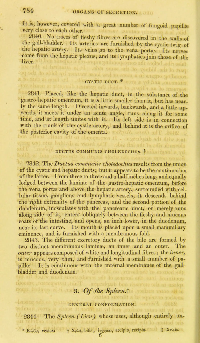 78i It is, however, eovered with a great number of fungoid pauillm very close to each other. 21140. No traces of Heshy fibres are discovered in the walls of the gall-bladder. Its arteries are furnished by the cystic twig of the hepatic artery. Its veins go to the vena porta*. Its nerves come from the hepatic plexus, and its lymphatics join those of the liver. CYSTIC DUCT. * 2841. Placed, like the hepatic duct, in the substance of the gastro-hepatic omentum, it is a little smaller than it, but has near- ly the same length. Directed inwards, backwards, and a little up- wards, it meets it under an acute angle, runs along it for some time, and at length unites with it. Its left side is in connection with the trunk of the cystic artery, and behind it is the orifice of the posterior cavity of the omenta. DUCTUS COMMUNIS CHOLEDOCHUS.*f- 2842. The Ductus communis choledochus results from the union of the cystic and hepatic ducts; but it appears to be the continuation of the latter. From three to three and a half inches long, and equally lodged between the laminae of the gastro-hepatic omentum, before the vena portae and above the hepatic artery, surro’jnded with cel- lular tissue, ganglions and lymphatic vessels, it descends behind the right extremity of the pancreas, and the second portion of the duodenum, inosculates with the pancreatic duct, or merely runs along side of it, enters' obliquely between the fleshy and mucous coats of the intestine, and opens, an inch lower, in the duodenum, near its last curve. Its mouth is placed upon a small mammillary eminence, and is furnished with a membranous fold. 2843. The different excretory ducts of the bile are formed by two distinct membranous laminae, an inner and an outer. The outer appears composed of white and longitudinal fibres; the inner^ is mucous, very thin, and furnished with a small number of pa- pillae. It is continuous with the internal membranes of the gall- bladder and duodenum. 3. Of the Spleen.X GENEIIAL CONFORMATION. 2844. The Spleen (Lien) whose uses, although entirely un- • Ki/V7if, Tcsica* f bilis, accipio, recipio. + ia-Xsir.