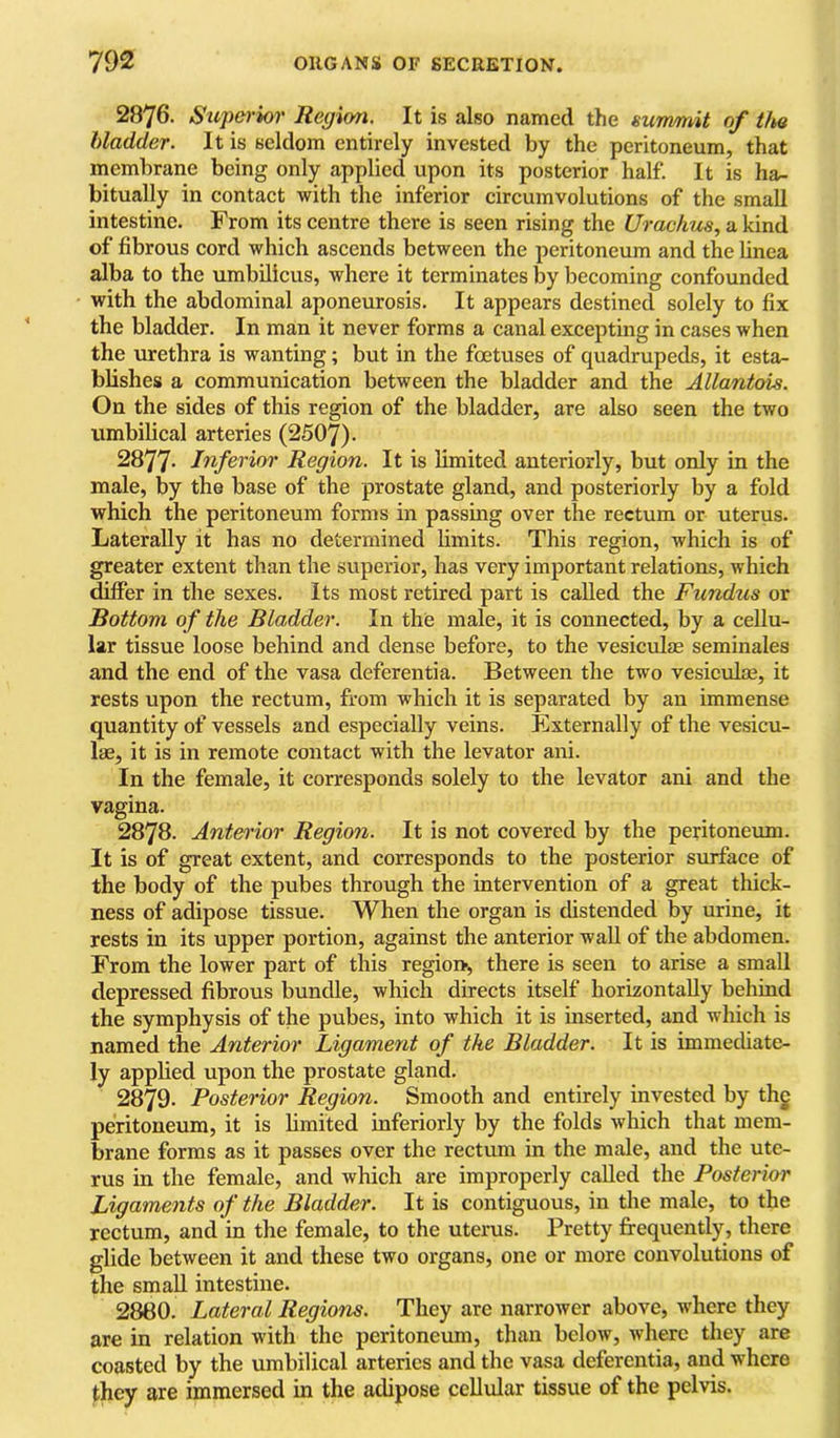 2876. Stiperior Region. It is also named the mmmit of tite bladder. It is seldom entirely invested by the peritoneum, that membrane being only applied upon its posterior half. It is ha- bitually in contact with the inferior circumvolutions of the small intestine. From its centre there is seen rising the Urachus, a kind of fibrous cord which ascends between the peritoneum and the linea alba to the umbilicus, where it terminates % becoming confounded with the abdominal aponeurosis. It appears destined solely to fix the bladder. In man it never forms a canal excepting in cases when the urethra is wanting; but in the foetuses of quadrupeds, it esta- blishes a communication between the bladder and the Allantois. On the sides of this region of the bladder, are also seen the two umbilical arteries (2507). 2877- Inferior Region. It is limited anteriorly, but only in the male, by the base of the prostate gland, and posteriorly by a fold which the peritoneum forms in passing over the rectum or uterus. Laterally it has no determined hmits. This region, which is of greater extent than the superior, has very important relations, which dilfer in the sexes. Its most retired part is called the Fundus or Bottom of the Bladder. In the male, it is connected, by a cellu- lar tissue loose behind and dense before, to the vesiculm seminales and the end of the vasa deferentia. Between the two vesiculm, it rests upon the rectum, from which it is separated by an immense quantity of vessels and especially veins. Externally of the vesicu- lae, it is in remote contact with the levator ani. In the female, it corresponds solely to the levator ani and the vagina. 2878. Anteo'ior Region. It is not covered by the peritoneum. It is of great extent, and corresponds to the posterior surface of the body of the pubes through the intervention of a great thick- ness of adipose tissue. When the organ is distended by urine, it rests in its upper portion, against the anterior wall of the abdomen. From the lower part of this region, there is seen to arise a small depressed fibrous bundle, which directs itself horizontally behind the symphysis of the pubes, into which it is inserted, and which is named the Anterior Ligament of the Bladder. It is imraecUate- ly applied upon the prostate gland. 2879- Posterior Region. Smooth and entirely invested by thg peritoneum, it is limited inferiorly by the folds which that mem- brane forms as it passes over the rectum in the male, and the ute- rus in the female, and which are improperly called the Posterior Ligaments of the Bladder. It is contiguous, in the male, to the rectum, and in the female, to the uterus. Pretty frequently, there glide between it and these two organs, one or more convolutions of the small intestine. 2880. Lateral Regions. They are narrower above, where they are in relation with the peritoneum, than below, where they are coasted by the umbilical arteries and the vasa deferentia, and where they are immersed in the adipose cellular tissue of the pelvis.