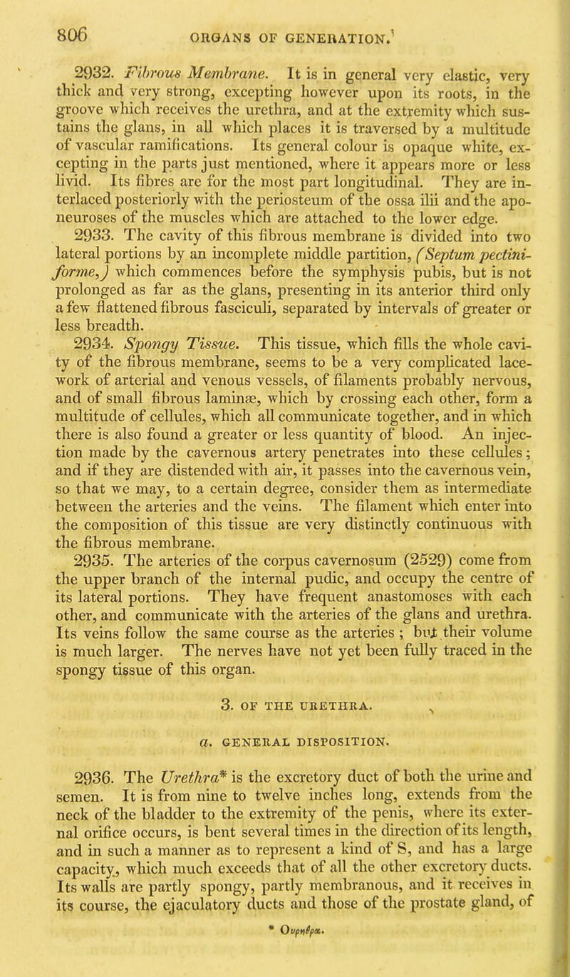 2932. Fibrous Membrane. It is in general very elastic, very thick and very strong, excepting however upon its roots, in the groove which receives the urethra, and at the extiremity which sus- tains the glans, in all which places it is traversed by a multitude of vascular ramifications. Its general colour is opaque white, ex- cepting in the parts just mentioned, where it appears more or less livid. Its fibres are for the most part longitudinal. They are in- terlaced posteriorly with the periosteum of the ossa ilii and the apo- neuroses of the muscles which are attached to the lower edge. 2933. The cavity of this fibrous membrane is divided into two lateral portions by an incomplete middle partition, (Septum pectini- forme,) which commences before the symphysis pubis, but is not prolonged as far as the glans, presenting in its anterior third only a few flattened fibrous fasciculi, separated by intervals of greater or less breadth. 2934. Spongy Tissue. This tissue, which fills the whole cavi- ty of the fibrous membrane, seems to be a very complicated lace- work of arterial and venous vessels, of filaments probably nervous, and of small fibrous laminae, which by crossing each other, form a multitude of cellules, which all communicate together, and in which there is also found a greater or less quantity of blood. An injec- tion made by the cavernous artery penetrates into these cellules; and if they are distended with air, it passes into the cavernous vein, so that we may, to a certain degree, consider them as intermediate between the arteries and the veins. The filament which enter into the composition of this tissue are very distinctly continuous with the fibrous membrane. 2935. The arteries of the corpus cavernosum (2529) come from the upper branch of the internal pudic, and occupy the centre of its lateral portions. They have frequent anastomoses with each other, and communicate with the arteries of the glans and urethra. Its veins follow the same course as the arteries ; buf their volume is much larger. The nerves have not yet been fuUy traced in the spongy tissue of this organ. 3. OF THE UBETHRA. a. GENERAL DISPOSITION. 2936. The Urethra* is the excretory duct of both the urine and semen. It is from nine to twelve inches long, extends from the neck of the bladder to the extremity of the penis, where its exter- nal orifice occurs, is bent several times in the direction of its length, and in such a manner as to represent a kind of S, and has a large capacity, which much exceeds that of all the other excretory ducts. Its walls are partly spongy, partly membranous, and it receives in its course, the ejaculatory ducts and those of the prostate gland, of • Oufnfpci.