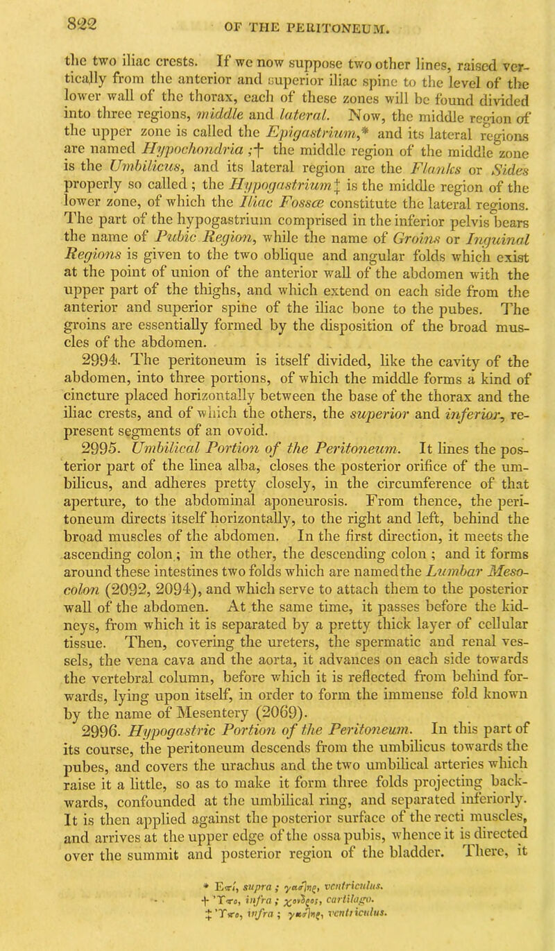 OF THE PERITONEUM. 8^22 tlic two iliiic crests. If we now suppose two other linesj ruised. ver- tically from the anterior and superior iliac spine to the level of the lower wall of the thorax, each of these zones will be found divided into three regions, Dttcidlc and Latcval, ^^ow, the middle re^non of the upper zone is called the E}yigastrmmy* and its lateral ^■gions are named Hypochojidria ,-f the middle region of the middle zone is the Umbilicus, and its lateral region are the Flanks or Sides properly so called ; the HypogastriumX is the middle region of the lower zone, of which the Iliac Fossce constitute the lateral reo-ions. The part of the hypogastrium comprised in the inferior pelvis bears the name of Pubic Region, while the name of Groins or Inguinal Regions is given to the two oblique and angular folds which exist at the point of union of the anterior waU of the abdomen with the upper part of the thighs, and which extend on each side from the anterior and superior spine of the iliac bone to the pubes. The groins are essentially formed by the disposition of the broad mus- cles of the abdomen. 2994. The peritoneum is itself divided, like the cavity of the abdomen, into three portions, of which the middle forms a kind of cincture placed horizontally between the base of the thorax and the iliac crests, and of which the others, the superior and inferior^ re- present segments of an ovoid. 2995. Umbilical Portion of the Peritoneum. It lines the pos- terior part of the linea alba, closes the posterior orifice of the um- bilicus, and adheres pretty closely, in the circumference of that aperture, to the abdominal aponeurosis. From thence, the peri- toneum directs itself horizontally, to the right and left, behind the broad muscles of the abdomen. In the first chrection, it meets the ascending colon; in the other, the descending colon ; and it forms around these intestines two folds which are named the Lumbar Meso- colon (2092, 2094), and which serve to attach them to the posterior waU of the abdomen. At the same time, it passes before the kid- neys, from which it is separated by a pretty thick layer of cellular tissue. Then, covering the ureters, the spermatic and renal ves- sels, the vena cava and the aorta, it advances on each side towards the vertebral column, before which it is reflected from behind for- wards, lying upon itself, in order to form the immense fold known by the name of Mesentery (2069). 2996. Hypogastric Portion of the Peritoneum. In this part of its course, the peritoneum descends from the umbiheus towards the pubes, and covers the urachus and the tw’o umbilical arteries which raise it a little, so as to make it form three folds projecting back- wards, confounded at the umbilical ring, and separated inferiorly. It is then applied against the posterior surface of the recti muscles, and arrives at the upper edge of the ossa pubis, whence it is directed over the summit and posterior region of the bladder. There, it * Etr/, supra ; yairlnj, vcntriculus. -j- ’Tto, infra; CariUiiffO. %'Trct), w/ra; -ytihnf, veniriculus.