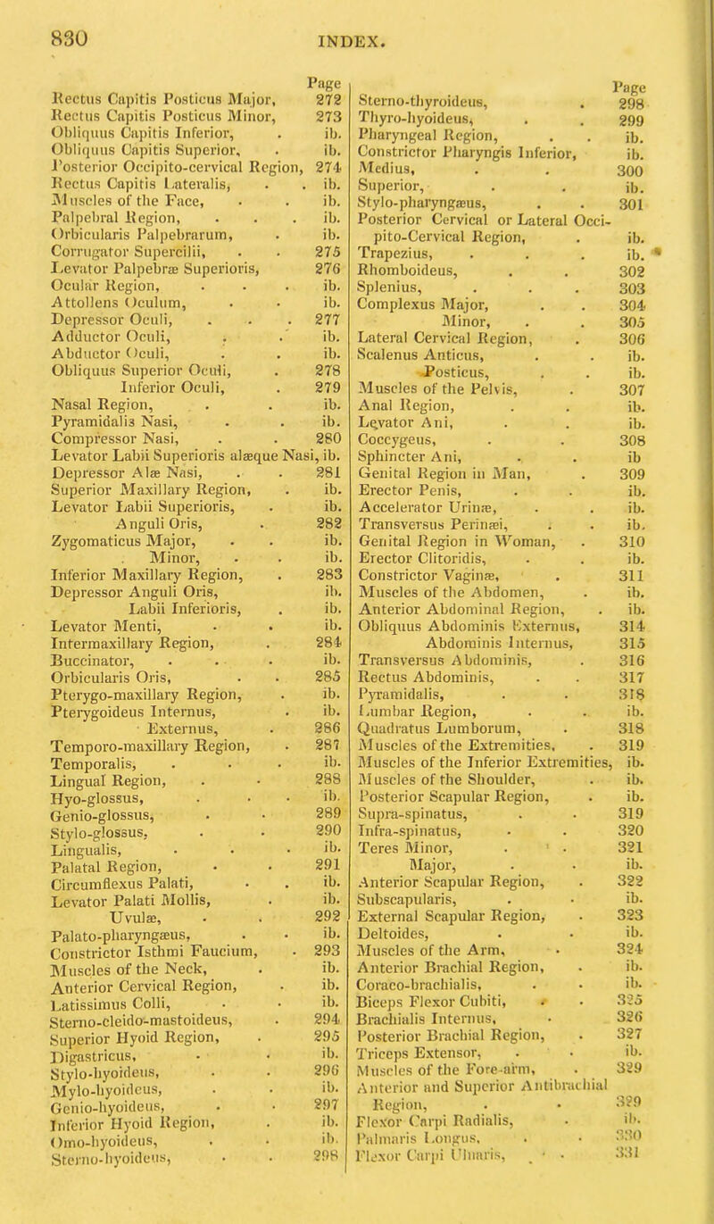 Page Kectus Ca])itis Posticus Major, 272 Rectus Capitis Posticus Minor, 273 Obliquus Capitis Inferior, . ib. Obliquus Capitis Superior, . ib. Posterior Occipito-cervical Region, 274 Rectus Capitis l.ateralis, . . ib. jMuscles of the Face, • . ib. Palpebral Region, . . . ib. Orbicularis Palpebrarum, . ib. Corrugator Supercilii, . . 275 I.evator Palpebrse Superioris, 276 Ocular Region, . . . ib. Attollens Oculum, . • ib. Depressor Oculi, . . . 277 Adductor Oculi, . .' ib. Abductor Oculi, . . ib. Obliquus Superior Oculi, . 278 Inferior Oculi, . 279 Nasal Region, . . ib. Pyramidal is Nasi, . . ib. Compressor Nasi, . . 280 Levator Labii Superioris alaeque Nasi, ib. Depressor Ala; Nasi, . . 281 Superior Maxillary Region, . ib. Levator Labii Superioris, . ib. AnguliOris, . 282 Zygomaticus Major, . . ib. Minor, . . ib. Inferior Maxillary Region, . 283 Depressor Anguli Oris, ib. Labii Inferioris, . ib. Levator Menti, • . ib. Intermaxillary Region, . 284 Buccinator, . • • ib. Orbicularis Oris, • . 285 Pterygo-maxillary Region, . ib. Ptei’ygoideus Internus, . ib. Externus, . 286 Temporo-maxillary Region, . 287 Temporalis, . . . ib. Lingual Region, . • 288 Hyo-glossus, . . • ib. Genio-glossus, . • 289 Stylo-glossus, . - 290 Lingualis, . • . ib. Palatal Region, • . 291 Circumflexus Palati, • . ib. Levator Palati Mollis, . ib. Uvulae, . . 292 Palato-pharyngaeus, . - ib. Constrictor Isthmi Faucium, . 293 IMuscles of the Neck, . ib. Anterior Cervical Region, . ib. Latissimus Colli, . • ib. Stenio-cleido-mastoideus, . 294 Superior Hyoid Region, . 295 Dignstricus, • • ib. Stylo-byoideus, . . 296 Mylo-byoideus, . . ib. Genio-byoideus, . • 297 Inferior Hyoid Region, . ib. Omo-byoidetis, . . ib. Sterno-byoideus, . . 298 Page Sterno-tbyroideus, . 298 Tbyro-byoideus, . . 299 Pharyngeal Region, . . ib. Constrictor Pbaryngis Inferior, ib. Medius, . . 300 Superior, . . ib. Stylo-pharyngaeus, . . 301 Posterior Cervical or Lateral Occi- pito-Cervical Region, . ib. Trapezius, . . . ib. Rhomboideus, . . 302 Splenius, . . . 303 Complexus Major, . . 304 Minor, . . 305 Lateral Cervical Region, . 306 Scalenus Anticus, . . ib. J*osticus, . . ib. Muscles of the Pelvis, . 307 Anal Region, . . ib. Lgvator Ani, . . ib. Coccygeus, . . 308 Sphincter Ani, . . ib Genital Region in Man, . 309 Erector Penis, . . ib. Accelerator Urina:, . . ib. Transversus Perinaei, . . ib. Genital Region in Woman, . 310 Erector Clitoridis, . . ib. Constrictor Vaginae, . 311 Muscles of the Abdomen, . ib. Anterior Abdominal Region, . ib. Obliquus Abdominis Kxternus, 314 Abdominis Internus, 315 Transversus Abdominis, . 316 Rectus Abdominis, . . 317 PjTamidalis, . . 318 Lumbar Region, . . ib. Quadratus Lumborum, . 318 Muscles of the Extremities, . 319 Muscles of the Inferior Extremities, ib. Muscles of the Shoulder, . ib. Posterior Scapular Region, . ib. Supra-spinatus, . . 319 Infra-spinatus, • . 320 Teres Minor, . ' . 321 Major, . . ib. .Anterior Scapular Region, . 322 Subscapularis, . • ib. External Scapular Region, . 323 Deltoides, . ■ ib. Muscles of the Arm, • 324 Anterior Brachial Region, . ib. Coraco-brachialis, . • ib. Biceps Flexor Cubiti, . • 325 Brachialis Internus, • 326 Posterior Brachial Region, . 327 Triceps Extensor, . . ib. Muscles of the Fore arm, . 329 Anterior and Superior Antibnichial Region, Flexor Carpi Radialis, Pahnaris l.ongus. Flexor Carpi I'liiaris, _ • . 329 ib. 330 331