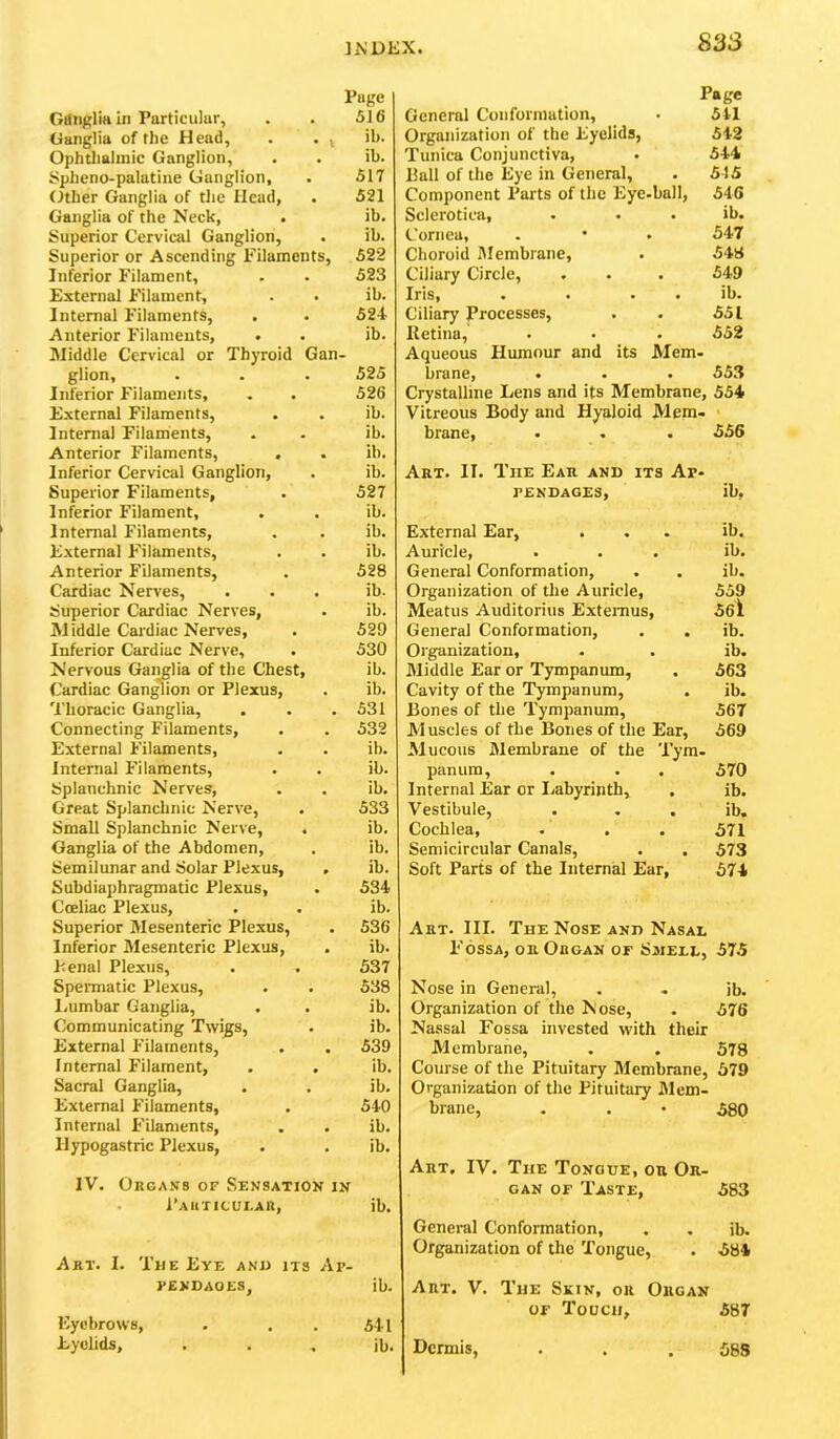 J.NDKX. Page Gmiglia in Particular, . . 516 Ganglia of the Head, . . , ib. Ophtliahnic Ganglion, . . ib. Spheno-palatine Ganglion, . 517 Other Ganglia of tlie Head, . 521 Ganglia of the Neck, . ib. Superior Cervical Ganglion, . ib. Superior or Ascending Filaments, 522 Inferior Filament, . . 523 External Filament, . • ib. Internal Filaments, . . 524 Anterior Filaments, . . ib. Middle Cervical or Thyroid Gan- glion, . . . 525 Inferior Filaments, . . 526 External Filaments, . . ib. Internal Filaments, . . ib. Anterior Filaments, . . ib. Inferior Cervical Ganglion, . ib. Superior Filaments, . 527 Inferior Filament, . . ib. Internal Filaments, . . ib. External Filaments, . . ib. Anterior Filaments, . 528 Cardiac Nerves, ... ib. Superior Cardiac Nerves, . ib. M iddle Cardiac Nerves, . 529 Inferior Cardiac Nerve, . 530 Nervous Gaimlia of the Chest, ib. Cardiac Gannon or Plexus, . ib. Thoracic Ganglia, . . . 531 Connecting Filaments, . . 532 External Filaments, . . ib. Internal Filaments, . . ib. Splanchnic Nerves, . . ib. Great Splanchnic Nerve, . 533 Small Splanchnic Nerve, . ib. Ganglia of the Abdomen, . ib. Semilimar and Solar Plexus, . ib. Subdiaphragmatic Plexus, . 534 Coeliac Plexus, . . ib. Superior Mesenteric Plexus, . 536 Inferior Mesenteric Plexus, . ib. Penal Plexus, . . 537 Spermatic Plexus, . . 538 I.umbar Ganglia, . . ib. Communicating Twigs, . ib. External Filaments, . . 539 Internal Filament, . . ib. Sacral Ganglia, . . ib. External Filaments, . 540 Internal Filaments, . . ib. Hypogastric Plexus, . . ib. IV. Organs of Sensation in Pauticui.ar, ib. Art. I. The Eye anu its Ai>- FENDAOES, Eyebrows, Eyelids, ib. 541 ib. Page General Conformation, • 511 Organization of the Eyelids, 542 Tunica Conjunctiva, . 544 Hall of the Eye in General, . 515 Component Parts of the Eye-ball, 546 Sclerotica, . . . ib. Cornea, . • . 547 Choroid Membrane, . 548 Ciliary Circle, . . . 549 Iris, . . . . ib. Ciliary Processes, . . 551 Retina, . ■ . 552 Aqueous Humour and its Mem- brane, . . . 553 Crystalline Lens and its Membrane, 554 Vitreous Body and Hyaloid Mem- brane, . . . 556 Art. II. The Ear and its Ap- pendages, ib, External Ear, ... ib. Auricle, ... ib. General Conformation, . . ib. Organization of the Auricle, 559 Meatus Auditorius Extenius, 561 General Conformation, . . ib. Organization, . . ib. Middle Ear or Tympanum, . 563 Cavity of the Tympanum, . ib. Bones of the Tympanum, 567 M uscles of the Bones of the Ear, 569 Mucous Membrane of the Tym- panum, . . . 570 Internal Ear or liabyrinth, . ib. Vestibule, . . . ib. Cochlea, . . . 571 Semicircular Canals, . . 573 Soft Parts of the Internal Ear, 574 Art. III. The Nose and Nasal Fossa, on Organ of Smell, 575 Nose in General, . , ib. Organization of the Nose, . 576 Nassal Fossa invested with their Membrane, . . 578 Course of the Pituitary Membrane, 579 Organization of the Pifuitaiy Mem- brane, . . • 580 Art, IV. The Tongue, or Or- gan of Taste, 583 General Conformation, . . ib. Organization of the Tongue, . 584 Art. V. The Skin, or Organ OF Touch, 587 Dermis, 588