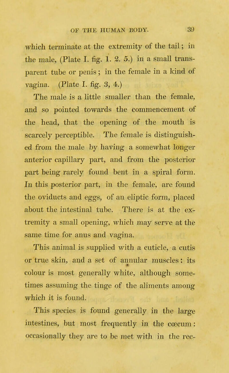 which terminate at the extremity of the tail; in the male, (Plate I. fig’. 1. 2. 5.) in a small trans- parent tube or penis ; in the female in a kind of vagina. (Plate I. fig. 3, 4.) The male is a little smaller than the female, and so pointed towards the commencement of the head, that the opening of the mouth is scarcely perceptible. The female is distinguish- ed from the male by having a somewhat longer anterior capillary part, and from the posterior part being rarely found bent in a spiral form. In this posterior part, in the female, are found the oviducts and eggs, of an eliptic form, placed about the intestinal tube. There is at the ex- tremity a small opening, which may serve at the same time for anus and vagina. This animal is supplied with a cuticle, a cutis or true skin, and a set of annular muscles: its colour is most generally white, although some- times assuming the tinge of the aliments among which it is found. This species is found generally in the large intestines, but most frequently in the coecum: occasionally they are to be met with in the rec-