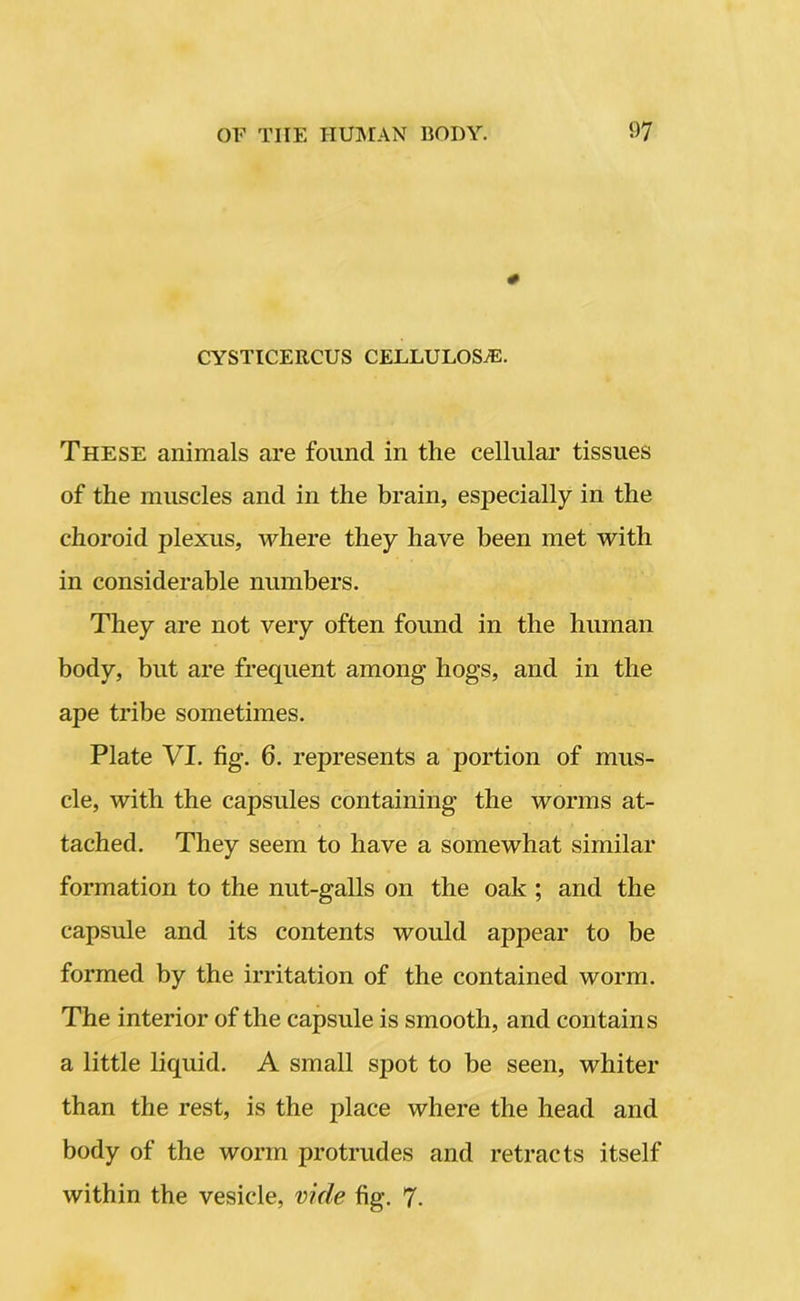 # CYSTICERCUS CELLULOSE. These animals are found in the cellular tissues of the muscles and in the brain, especially in the choroid plexus, where they have been met with in considerable numbers. They are not very often found in the human body, but are frequent among hogs, and in the ape tribe sometimes. Plate VI. fig. 6. represents a portion of mus- cle, with the capsules containing the worms at- tached. They seem to have a somewhat similar formation to the nut-galls on the oak ; and the capsule and its contents would appear to be formed by the irritation of the contained worm. The interior of the capsule is smooth, and contains a little liquid. A small sj)ot to be seen, whiter than the rest, is the place where the head and body of the worm protrudes and retracts itself within the vesicle, vide fig. 7-