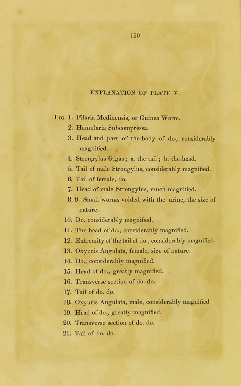 150 EXPLANATION OF PLATE V. Fig. 1. Filaria Medinensis, or Guinea Worm. 2. Hamularia Subcompressa. 3. Head and part of the body of do., considerably magnified. 4. Strongylus Gigas; a. the tail; b. the head. 5. Tail of male Strongylus, considerably magnified. 6. Tail of female, do. 7. Head of male Strongylus, much magnified. 8. 9. Small worms voided with the urine, the size of nature. 10. Do. considerably magnified. 11. The head of do., considerably magnified. 12. Extremity of the tail of do., considerably magnified. 13. Oxyuris Angulata, female, size of nature. 14. Do., considerably magnified. 15. Head of do., greatly magnified. 16. Transverse section of do. do. 17- Tail of do. do. 18. Oxyuris Angulata, male, considerably magnified 19. Head of do., greatly magnified. 20. Transverse section of do. do. 21. Tail of do. do.