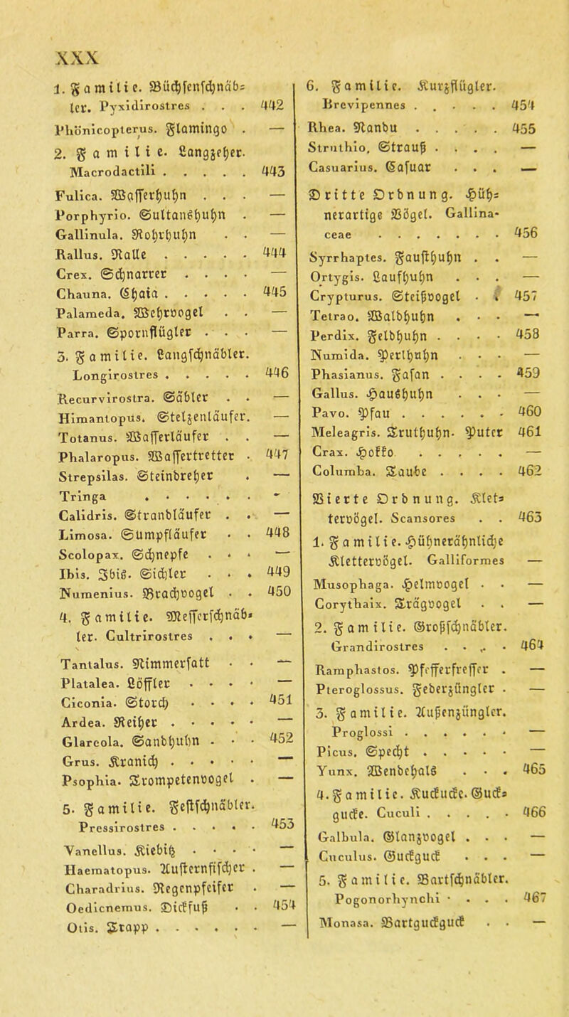 1. gamitie. aMtcfyfenfdjna'bs ICC. Pyxidirostrcs . Phönicopterus. glamingo 2. g a m i l i e. ßangjefyer Macrodactili .... Fulica. aBafier^ufjn . . Porphyrio. ©uttailijl)Ufyn Gallinula. 3Rofytl)Utyn Rallus. Stalle .... Crex. ©djnarrer . . . Chauna. <Sf)aia .... Palameda. SöetjrOPgel Parra. ©pornflügter . . 3. g a milie. ßangfönäbler Longiroslres .... Recurvirostra. ©Öblet Himantopus. ©teljenlaufer Totanus. SöajTerläufer . Phalaropus. SBaffertrctter Strepsilas. ©teinbrefjer Tringa . • • • . Calidris. ©tranbldufet . Limosa. ©umpflctufer Scolopax. Schnepfe Ibis. Sbiß. (Siebter . • Ilumenius. 5Btad]t>ogel • 4. gamilte. 3)lejTcrfd)näb ter- Cultrirostres . . Tantalus. Stimmerfatt • Platalea. ßöfflet • • • Ciconia. ©tOfd) • • ♦ Ardea. Sfteiljec . Glareola. ©anbfyltbn - Grus. &ranic[) . . . • Psophla. Srompetenooget 5. gamitie. geftfänäbte Pressirostres .... Vanellus. .Riebilj Haeinatopus. 2luflctnfifd)Ct Charadrius. Stegcnpfcifct Oedicneinus. S5ic¥fu0 Otis. Stopp 6. gamilic. ACurjfUtgler- Brcvipennes ..... 454 Rhea. Sftanbu 455 Struthio. ©trauft .... — Casuarius. Qjafuar . . . — dritte Dtbnung. dg>üf>s nerartige ißöget. Gallina- ceae 456 Syrrhaptes. gauflljul)» . — Ortygis. ßaufl;ul)n . . . — Grypturus. ©teifjöoget • . 457 Tetrao. SBalbf>uf)n . • • — Perdix. gelbf)ttf)n .... 458 Numida. ^Derltjrtijn — Phasianus. gafan .... 459 Gallus. #au6f)ltf)n • • • — Pavo. ipfau 460 Meleagris. StUtf)U^n. Rittet 461 Crax. J£)offo — Columba. Soube .... 462 93 i e r t e Drbnung. Älets teroögel. Scansores 463 1. gamitie. £ül)neEcit)ntid}e ÄlettetBÖgel. Galliformes — Musopbaga. $elmoogel • • — Corytbaix. Srögcogel — 2. gamilie. ©tofifdjnäbler. Grandirostres . . • 464 Ramphastos. ipft'fferfreffer . — Pteroglossus. gebetjünglec • — 3. gamilte. Ttufjenjünglcr. — Picus. Specht — Yunx. SBenbe^alö . • . 465 4.gamilic. Äucüudie. ©uefs gud'e. Cuculi . . . . • 466 Galbula. ©tonjBogel . . . — Cuculus. ©uctgucB • . - — 5. gamitie. SSaEtfdjnabler. Pogonorbynchi • . . . 467 Monasa. äSartguc?gucE . . — 442 443 444 445 446 447 448 449 450 451 452 453 454