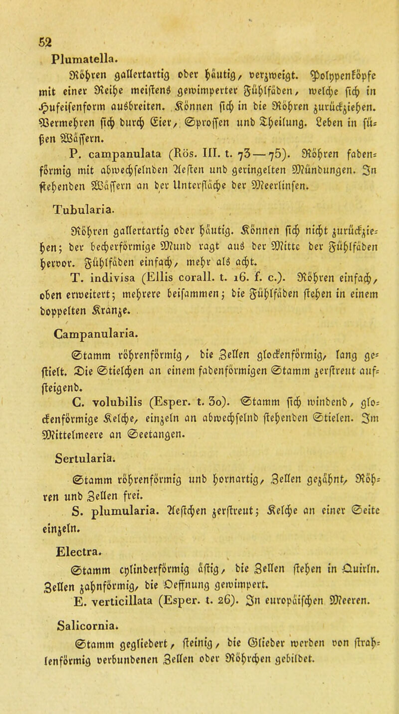 Plumatella. Slö^ven gallertartig ober ^«utig, »erzeigt, ^olppenföpfe mit einer Steife meiftenä gewimperter gü^lfäben, welche (ich in Jpufeifenform auSbreiten. können ftch in bie SH&hren jurücfjiehen. SBermehren fic^> burch CSier, 0proffen unb Steilung. ßeben in füs fjen SSBäffern. P. campanulata (Rös. III. t. 73 — 75). Dtöhren faben* förmig mit abwechfelnben 2lefben unb geringelten Sttünbungen. 3n ftef)enben SSBaffern an ber Unterfinge ber 9)?eerlinfen. Tubularia. Stohren gallertartig ober häutig. Tonnen fldf nicht jurücfjie-' hen; ber becherförmige SD?unb ragt auö ber SOlitte ber 5üf>lfaben heroor. güf)lfaben einfach, mehr al6 acht. T. indivisa (Ellis corall. t. 16. f. c.). Röhren einfach, oben erweitert; mehrere beifammeit; bie gw^Iföben flehen in einem hoppelten Äranje. / Campanularia. 0tamm röhrenförmig , bie Sellen glocfenförmig, lang ge- zielt. £>ie 0tie(chen an einem fabenförmigen 0tamm jerflreut auf= fteigenb. C. volubilis (Esper. t. 3o). 0tamm fich winbenb, glo; cfenförmige Äelcf>er einzeln an abwechfelnb flehenben 0tielen. 3>n SPiittelmeere an 0eetangen. Sertularia. 0tamm röhrenförmig unb horrtartig, Sellen geahnt/ Röh- ren unb Sellen fi'ei. S. plumularia. 2leflchen jerftreut; Welche an einer 0eite einzeln. Electra. 0tamm cplinberförmig aftig, bie Sellen flehen in Äuirln. Sellen jahnförmig, bie Oeffnung gemindert. E. verticillata (Esper. t. 26). 3» europaifchen S0?ceren. Salicornia» 0tamm gegliebert, fteinig, bie ©lieber werben oon ftrab= lenförmig »erbunbenen Sellen ober «Höhrchen gebilbet.