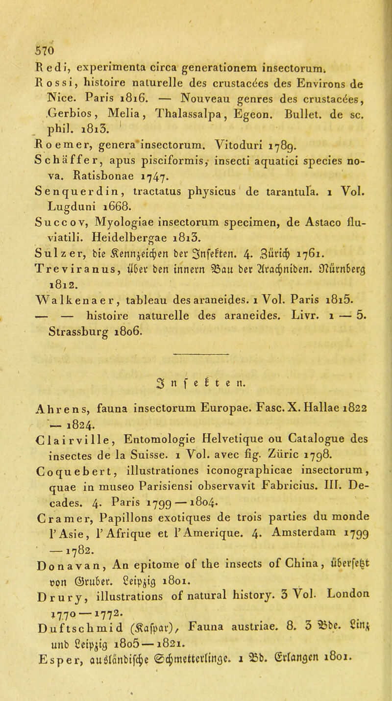 Redi, experimenta circa generationem insectoruirn Rossi, histoire naturelle des crustac($es des Environs de Nice. Paris 1816. — Nouveau genres des crustac^es, .Gerbios, Melia, Thalassalpa, Egeon. Bullet, de sc. phil. i8i3. 1 Roemer, genera insectorum. Vitoduri 1789. Schaffer, apus pisciformis, insecti aquatici species no- va. Ratisbonae 1747. Senquerdin, tractatus physicus de tarantula. 1 Yol. Lugduni 1668. Succov, Myologiae insectorum specimen, de Astaco flu- viatili. Heidelbergae i8i3. Sulzer, bte Äennjeicfyen bet ^nfeften. 4- 3üfi4> 1761. Treviranus, Über ben innern 23au bet Tlrac^niben. Olurnberg 1812. Walkenaer, tableau des araneides. 1 Vol. Paris i8i5. — — histoire naturelle des araneides. Livr. 1 — 5. Strassburg 1806. 3 n f c f t e n. Ähre ns, fauna insectorum Europae. Fase. X. Hallae 1822 — 1824. Clairville, Entomologie Helvetique ou Catalogue des insectes de la Suisse. 1 Yol. avec fig. Ziiric 1798. Coquebert, illustrationes iconograpbicae insectorum, quae in museo Parisiensi observavit Fabricius. III. De- cades. 4- Paris 1799 — i8o4- Cramer, Papillons exotiques de trois parties du monde l’Asie, 1’ Afrique et l’Amerique. 4- Amsterdam 1799 —1782. Donavan, An epitome of the insects of China, überfe^t »ott ©ruber. Ceip^ig 1801. Drury, illustrations of natural history. 3 Yol. London j77° —1772. _ Duftscbmid (Äafpar), Fauna austriae. 8. 3 »be. vtnj unb 2eip,pg i8o5—1821. Esper, <m$Iänbifi$e 04>metter(ingc. 1 23b. Srlatigcn 1801.