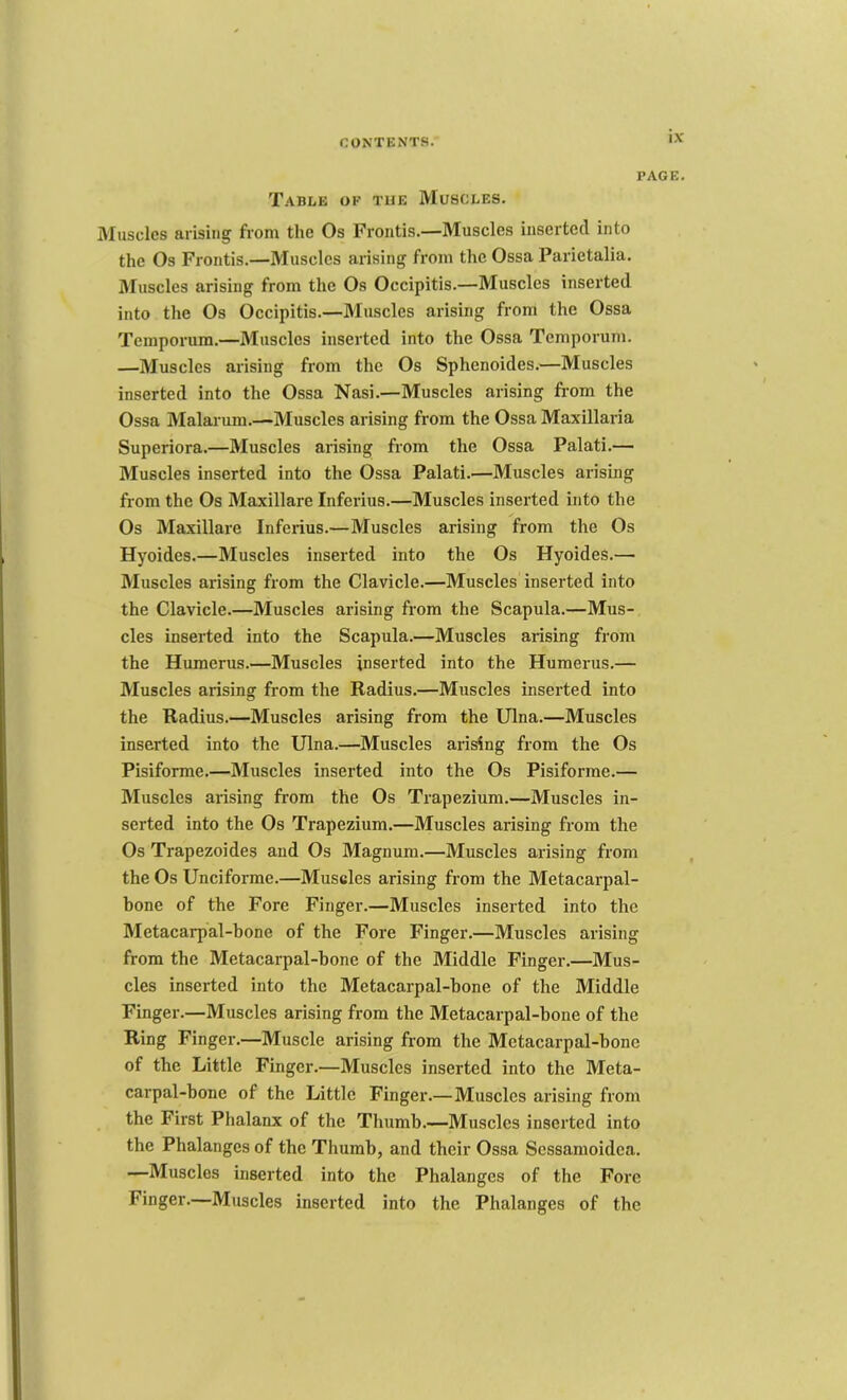 T.\ble of the Muscles. PAGE. Muscles arising from the Os Frontis.—Muscles inserted into the Os Frontis.—Muscles arising from the Ossa Parietalia. Muscles arising from the Os Occipitis.—Muscles inserted into the Os Occipitis.—Muscles arising from the Ossa Temporum.—Muscles inserted into the Ossa Temporum. —Muscles ai'ising from the Os Sphenoides.—Muscles inserted into the Ossa Nasi.—Muscles arising from the Ossa Malarum.—Muscles arising from the Ossa Maxillaria Superiora.—Muscles arising from the Ossa Palati.— Muscles inserted into the Ossa Palati.—Muscles arising from the Os Maxillare Inferius.—Muscles inserted into the Os Maxillare Inferius.—Muscles arising from the Os Hyoides.—Muscles inserted into the Os Hyoides.— Muscles arising from the Clavicle.—Muscles inserted into the Clavicle.—Muscles arising from the Scapula.—Mus- cles inserted into the Scapula.—Muscles arising from the Humerus.—Muscles inserted into the Humerus.— Muscles arising from the Radius.—Muscles inserted into the Radius.—Muscles arising from the Ulna.—Muscles inserted into the Ulna.—Muscles arising from the Os Pisiforme.—Muscles inserted into the Os Pisiforme.— Muscles arising from the Os Trapezium.—Muscles in- serted into the Os Trapezium.—Muscles arising from the Os Trapezoides and Os Magnum.—Muscles arising from the Os Unciforme.—Muscles arising from the Metacarpal- bone of the Fore Finger.—Muscles inserted into the Metacarpal-bone of the Fore Finger.—Muscles arising from the Metacarpal-bone of the Middle Finger.—Mus- cles inserted into the Metacarpal-bone of the Middle Finger.—Muscles arising from the Metacarpal-bone of the Ring Finger.—Muscle arising from the Metacarpal-bone of the Little Finger.—Muscles inserted into the Meta- carpal-bone of the Little Finger.—Muscles arising from the First Phalanx of the Thumb.—Muscles inserted into the Phalanges of the Thumb, and their Ossa Scssamoidea. —Muscles inserted into the Phalanges of the Fore Finger.—Muscles inserted into the Phalanges of the