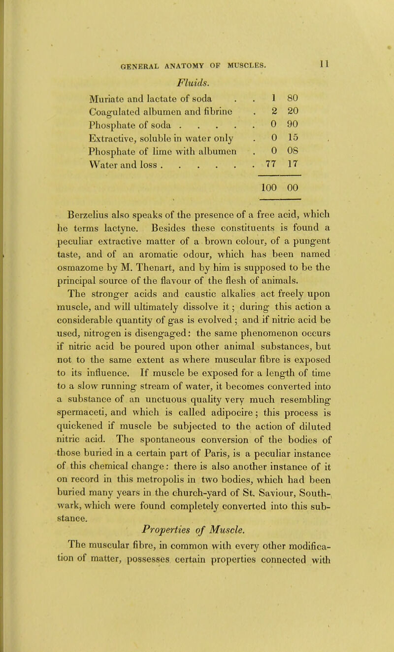 Fluids. Muriate and lactate of soda ] 80 Coagulated albumen and fibrine . 2 20 Phosphate of soda .... . 0 90 Extractive, soluble in water only . 0 15 Phosphate of lime with albumen . 0 OS Water and loss . 77 17 100 00 Berzelius also speaks of the presence of a free acid, which he terms lactyne. Besides these constituents is found a peculiar extractive matter of a brown colour, of a pung’ent taste, and of an aromatic odour, which has been named osmazome by M. Thenart, and by him is supposed to be the principal source of the flavour of the flesh of animals. The stronger acids and caustic alkalies act freely upon muscle, and will ultimately dissolve it; during this action a considerable quantity of gas is evolved ; and if nitric acid be used, nitrogen is disengaged; the same phenomenon occurs if nitric acid be poured upon other animal substances, but not to the same extent as where muscular fibre is exposed to its influence. If muscle be exposed for a length of time to a slow running stream of water, it becomes converted into a substance of an unctuous quahty very much resembling spermaceti, and which is called adipocire; this process is quickened if muscle be subjected to the action of diluted nitric acid. The spontaneous conversion of the bodies of those buried in a certain part of Paris, is a peculiar instance of this chemical change: there is also another instance of it on record in this metropolis in two bodies, which had been buried many years in the church-yard of St. Saviour, South-, w'ark, which were found completely converted into this sub- stance. Properties of Muscle. The muscular fibre, in common with every other modifica- tion of matter, possesses certain properties connected with