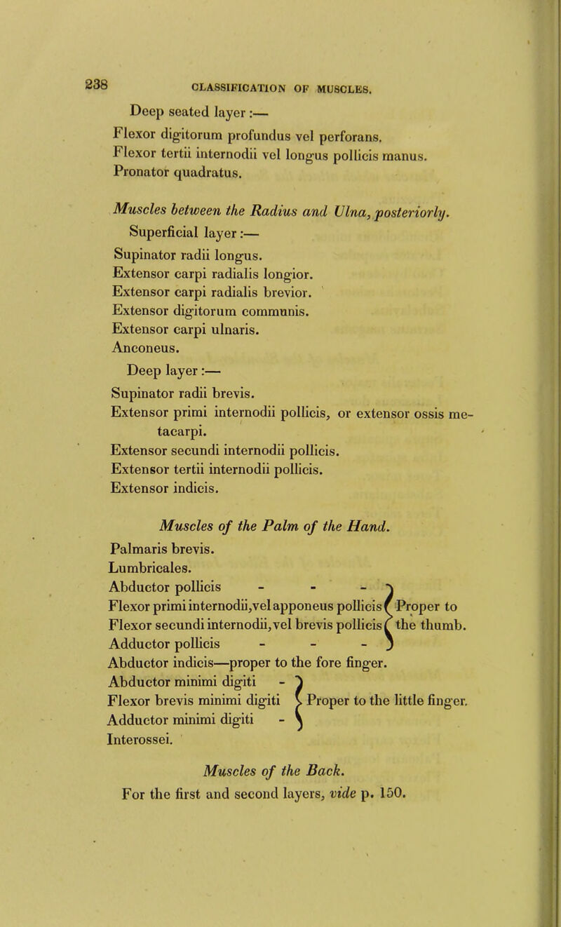Deep seated layer:— Flexor digltorum profundus vel perforans. Flexor tertii internodii vel longus pollicis manus. Pronator quadratus. Muscles between the Radius and LJlna, posteriorly. Superficial layer:— Supinator radii long-us. Extensor carpi radialis longior. Extensor carpi radialis brevior. Extensor digitorum communis. Extensor carpi ulnaris. Anconeus. Deep layer:— Supinator radii brevis. Extensor primi internodii pollicis, or extensor ossis me- tacarpi. Extensor secundi internodii pollicis. Extensor tertii internodii pollicis. Extensor indicis. Muscles of the Palm of the Hand. Palmaris brevis. Lumbricales. Abductor pollicis - - ~ Flexor primi internodii,velapponeus pollicis f Proper to Flexor secundi internodii,vel brevis pollicis^ the thumb. Adductor pollicis - - - j Abductor indicis—proper to the fore finger. Abductor minimi digiti - ) Flexor brevis minimi digiti \ Proper to the little finger. Adductor minimi digiti - V Interossei. Muscles of the Back. For the first and second layers, vide p. 150.