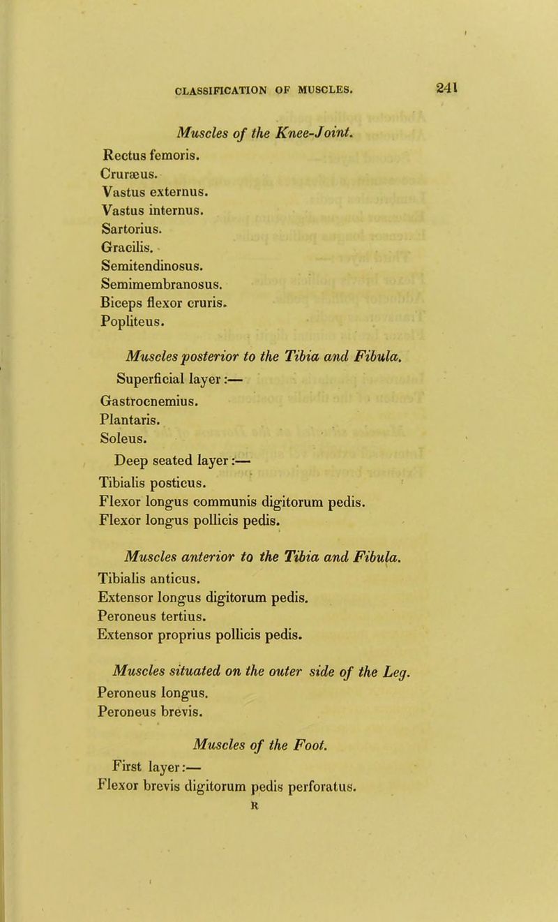 Muscles of the Knee-Joint. Rectus femoris. Cruraeus. Vastus externus. Vastus internus. Sartorius. Gracilis, • Semitendinosus. Serairaembranosus. Biceps flexor cruris. Popliteus. Muscles posterior to the Tibia and Fibula. Superficial layer:— Gastrocnemius. Plantaris. Soleus. Deep seated layer;— Tibialis posticus. Flexor longus communis digitorum pedis. Flexor longus pollicis pedis. Muscles anterior to the Tibia and Fibula. Tibialis antieus. Extensor longus digitorum pedis. Peroneus tertius. Extensor proprius pollicis pedis. Muscles situated on the outer side of the Leg. Peroneus longus. Peroneus brevis. Muscles of the Foot. First layer:— Flexor brevis digitorum pedis perforatus. R