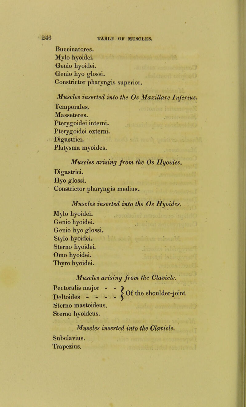 Buccinatores. Mylo hyoidei. Genio hyoidei. Genio hyo glossi. Constrictor pharyngis superior. Muscles inserted into the Os Maxillare Inferius. Temporales. Masseteres. Pterygoidei interni. Pterygoidei externi. Digastrici. Platysma myoides. Muscles arising from the Os Hyoides. Digastrici. Hyo glossi. Constrictor pharyngis medius. Muscles inserted into the Os Hyoides. Mylo hyoidei. Genio hyoidei. , Genio hyo glossi. Stylo hyoidei. Sterno hyoidei. Omo hyoidei. Thyro hyoidei. Muscles arising from the Clavicle. Pectoralis n ' Sterno mastoideus. Sterno hyoideus. Muscles inserted into the Clavicle. Subclavius. Trapezius. Deltoides Of the shoulder-joint.