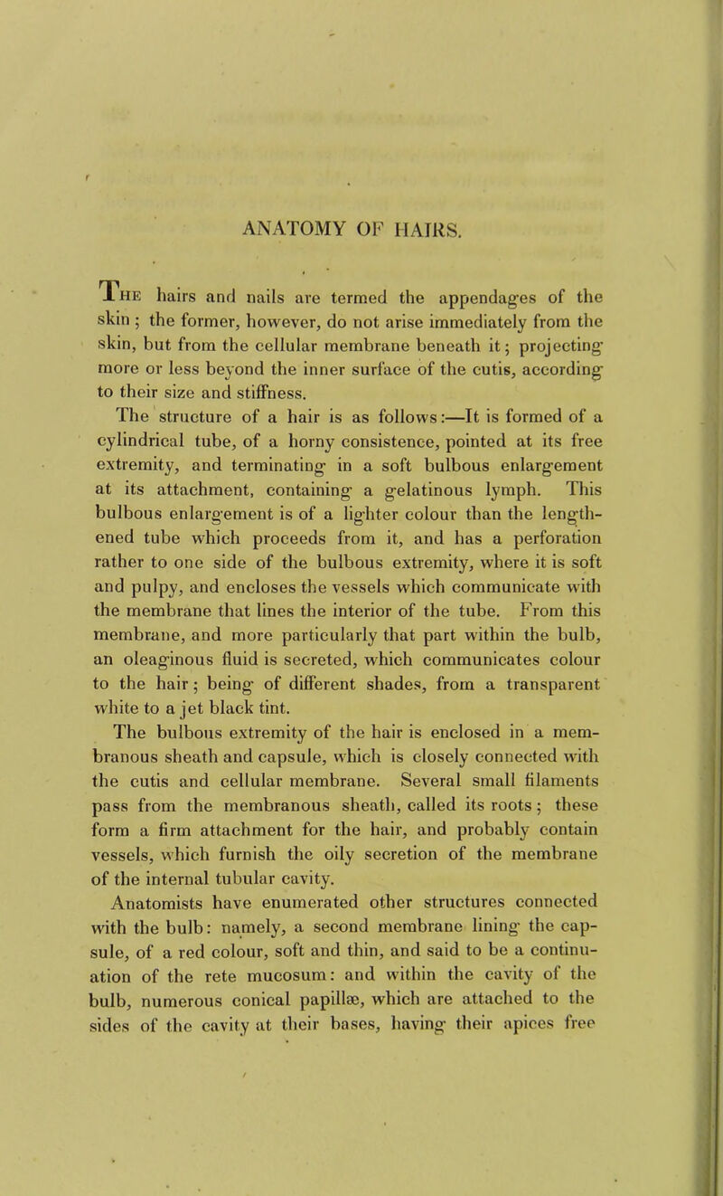J.HE hairs and nails are termed the appendag'es of the skin ; the former, however, do not arise immediately from the skin, but from the cellular membrane beneath it; projecting’ more or less beyond the inner surface of the cutis, according to their size and stiffness. The structure of a hair is as follows:—It is formed of a cylindrical tube, of a horny consistence, pointed at its free extremity, and terminating in a soft bulbous enlargement at its attachment, containing a gelatinous lymph. This bulbous enlargement is of a lighter colour than the length- ened tube which proceeds from it, and has a perforation rather to one side of the bulbous extremity, where it is soft and pulpy, and encloses the vessels which communicate with the membrane that lines the interior of the tube. From this membrane, and more particularly that part within the bulb, an oleaginous fluid is secreted, which communicates colour to the hair; being of different shades, from a transparent white to a jet black tint. The bulbous extremity of the hair is enclosed in a mem- branous sheath and capsule, which is closely connected with the cutis and cellular membrane. Several small filaments pass from the membranous sheath, called its roots; these form a firm attachment for the hair, and probably contain vessels, which furnish the oily secretion of the membrane of the internal tubular cavity. Anatomists have enumerated other structures connected with the bulb: namely, a second membrane lining’ the cap- sule, of a red colour, soft and thin, and said to be a continu- ation of the rete mucosum: and within the cavity of the bulb, numerous conical papillae, which are attached to the sides of the cavity at their bases, having their apices free