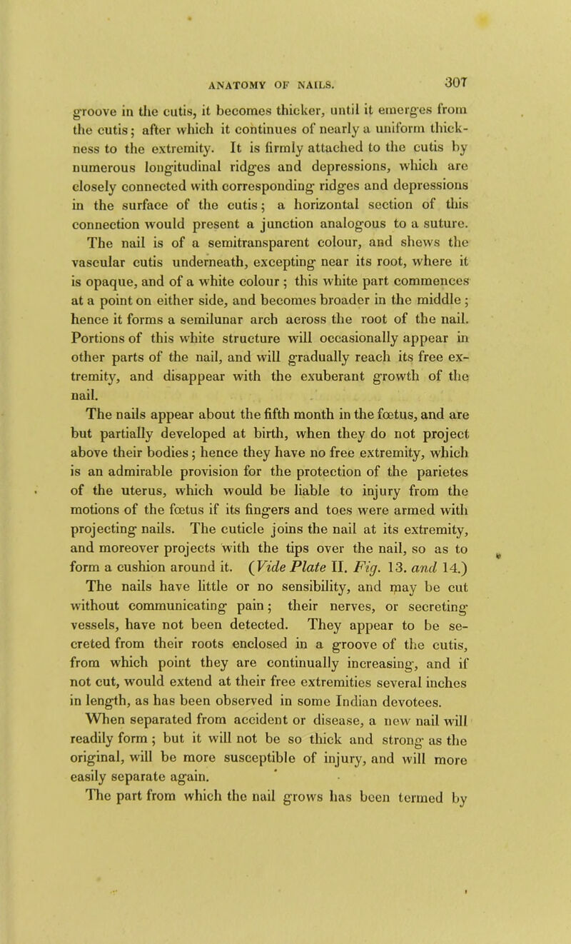 30T groove in the cutis, it becomes thicker, until it emerg’es from the cutis; after which it continues of nearly a uniform thick- ness to the e.xtremity. It is firmly attached to the cutis by numerous long-itudinal ridges and depressions, which are closely connected with corresponding ridges and depressions in the surface of the cutis; a horizontal section of this connection Avould present a junction analogous to a suture. The nail is of a semitransparent colour, and shews the vascular cutis underneath, excepting near its root, where it is opaque, and of a white colour ; this white part commences at a point on either side, and becomes broader in the middle ; hence it forms a semilunar arch across the root of the nail. Portions of this white structure will occasionally appear in other parts of the nail, and will gradually reach its free ex- tremity, and disappear with the exuberant growth of the nail. The nails appear about the fifth month in the foetus, and are but partially developed at birth, when they do not project above their bodies; hence they have no free extremity, which is an admirable provision for the protection of the parietes of the uterus, which would be liable to injury from the motions of the foetus if its fingers and toes were armed with projecting nails. The cuticle joins the nail at its extremity, and moreover projects with the tips over the nail, so as to form a cushion around it. (Vide Plate II. Fig. 13. and 14.) The nails have little or no sensibility, and ipay be cut without communicating pain; their nerves, or secreting* vessels, have not been detected. They appear to be se- creted from their roots enclosed in a groove of the cutis, from which point they are continually increasing, and if not cut, would extend at their free extremities several inches in length, as has been observed in some Indian devotees. When separated from accident or disease, a new nail will readily form ; but it will not be so thick and strong as the original, will be more susceptible of injury, and will more easily separate again. Tlie part from which the nail grows has been termed by