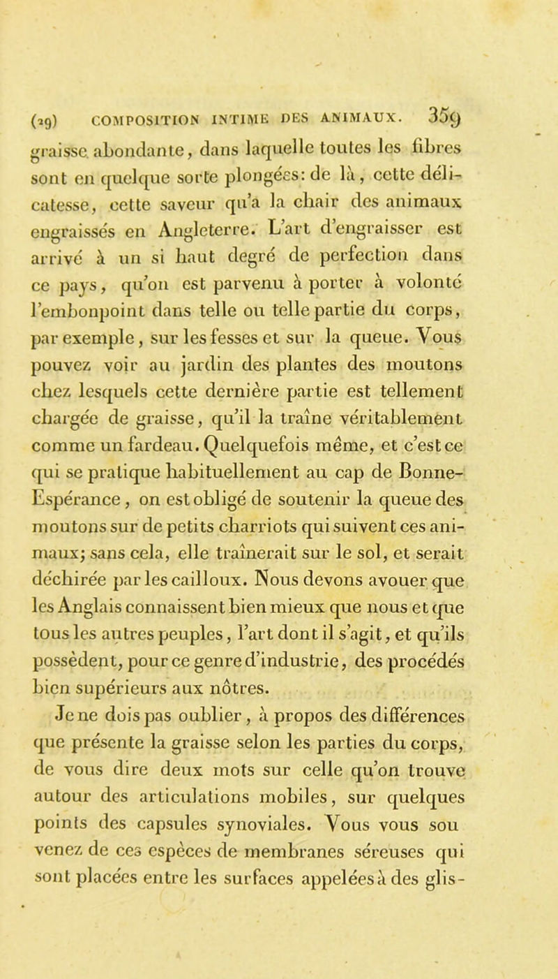 graisse,abondante, dans laquelle toutes les libres sont en quelque sorte plongées: de la, cette déli- catesse, cette saveur qu’a la chair des animaux engraissés en Angleterre. L’art d engraisser est arrivé à un si haut degré de perfection dans ce pays, qu’on est parvenu à porter à volonté l’embonpoint dans telle ou telle partie du corps, par exemple, sur les fesses et sur la queue. Vous pouvez voir au jardin des plantes des moutons chez lesquels cette dernière partie est tellement chargée de graisse, qu’il la traîne véritablement comme un fardeau. Quelquefois meme, et c’est ce qui se pratique habituellement au cap de Bonne- Espérance , on est obligé de soutenir la queue des moutons sur de petits charriots qui suivent ces ani- maux; sans cela, elle traînerait sur le sol, et serait déchirée par les cailloux. Nous devons avouer que les Anglais connaissent bien mieux que nous et que tous les autres peuples, l’art dont il s’agit, et qu’ils possèdent, pour ce genre d’industrie, des procédés bien supérieurs aux nôtres. Je ne dois pas oublier, à propos des différences que présente la graisse selon les parties du corps, de vous dire deux mots sur celle qu’on trouve autour des articulations mobiles, sur quelques points des capsules synoviales. Vous vous sou venez de ces espèces de membranes séreuses qui sont placées entre les surfaces appeléesà des glis-