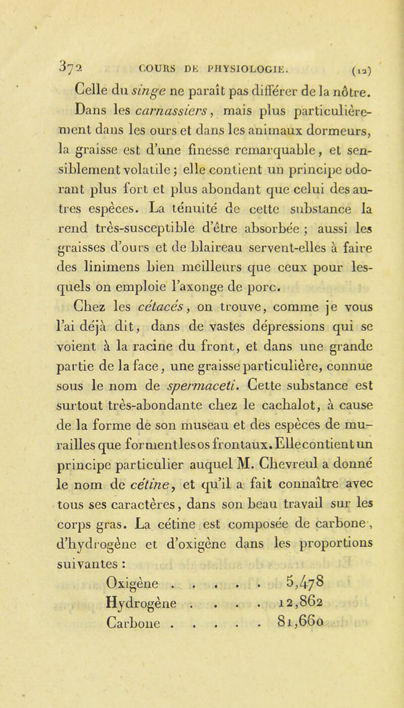 Celle du singe ne paraît pas différer de la nôtre. Dans les carnassiers, mais plus particulière- ment dans les ours et dans les animaux dormeurs, la graisse est d’une finesse remarquable, et sen- siblement volatile ; elle contient un principe odo- rant plus for t et plus abondant que celui des au- tres espèces. La ténuité de cette substance la rend très-susceptible d’être absorbée ; aussi les graisses d’ours et de blaireau servent-elles à faire des linimens bien meilleurs que ceux pour les- quels on emploie l’axonge de porc. Chez les cétacés, on trouve, comme j e vous l’ai déjà dit, dans de vastes dépressions qui se voient à la racine du front, et dans une grande partie de la face, une graisse particulière, connue sous le nom de spermaceti. Cette substance est surtout très-abondante chez le cachalot, à cause de la forme de son museau et des espèces de mu- railles que formentlesos frontaux. Elle contient un principe particulier auquel M. Chevreul a donné le nom de cétine, et qu’il a fait connaître avec tous ses caractères, dans son beau travail sur les corps gras. La cétine est composée de carbone, d’hydrogène et d’oxigène dans les proportions suivantes : Oxigène 5,47 8 Hydrogène .... 12,862 Carbone 81,660