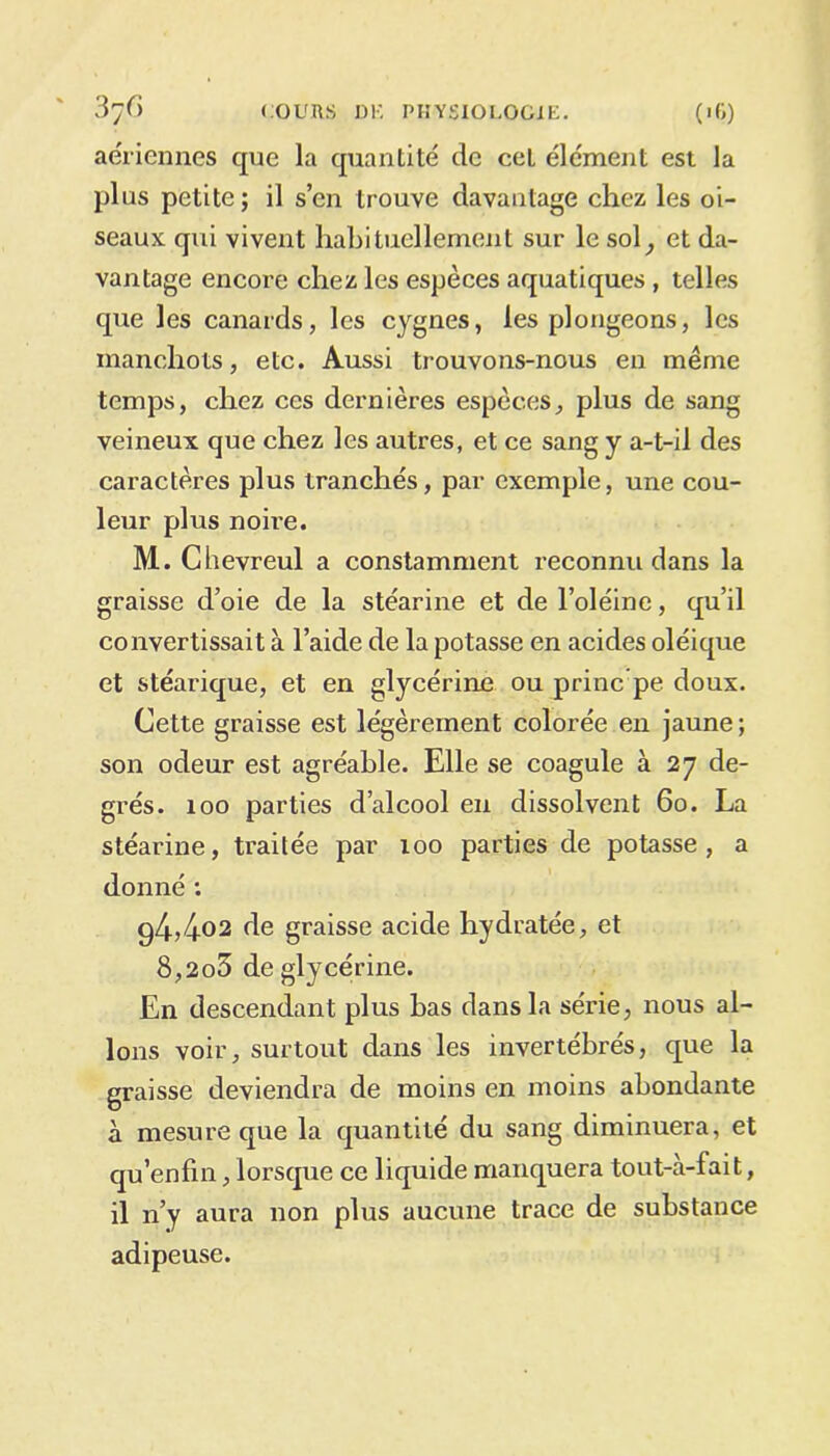 aériennes que la quantité de cet élément est la plus petite; il s’en trouve davantage chez les oi- seaux qui vivent habituellement sur le sol, et da- vantage encore chez les espèces aquatiques , telles que les canards, les cygnes, les plongeons, les manchots, etc. Aussi trouvons-nous en même temps, chez ces dernières espèces, plus de sang veineux que chez les autres, et ce sang y a-t-il des caractères plus tranchés, par exemple, une cou- leur plus noire. M. Chevreul a constamment reconnu dans la graisse d’oie de la stéarine et de l’oléine, qu’il convertissait à l’aide de la potasse en acides oléique et stéarique, et en glycérine ou princ pe doux. Cette graisse est légèrement colorée en jaune; son odeur est agréable. Elle se coagule à 27 de- grés. 100 parties d’alcool en dissolvent 60. La stéarine, traitée par 100 parties de potasse, a donné : g4,4°2 f^e graisse acide hydratée, et 8,2o3 de glycérine. En descendant plus bas dans la série, nous al- lons voir, surtout dans les invertébrés, que la graisse deviendra de moins en moins abondante à mesure que la quantité du sang diminuera, et qu’enfin, lorsque ce liquide manquera tout-à-fait, il n’y aura non plus aucune trace de substance adipeuse.