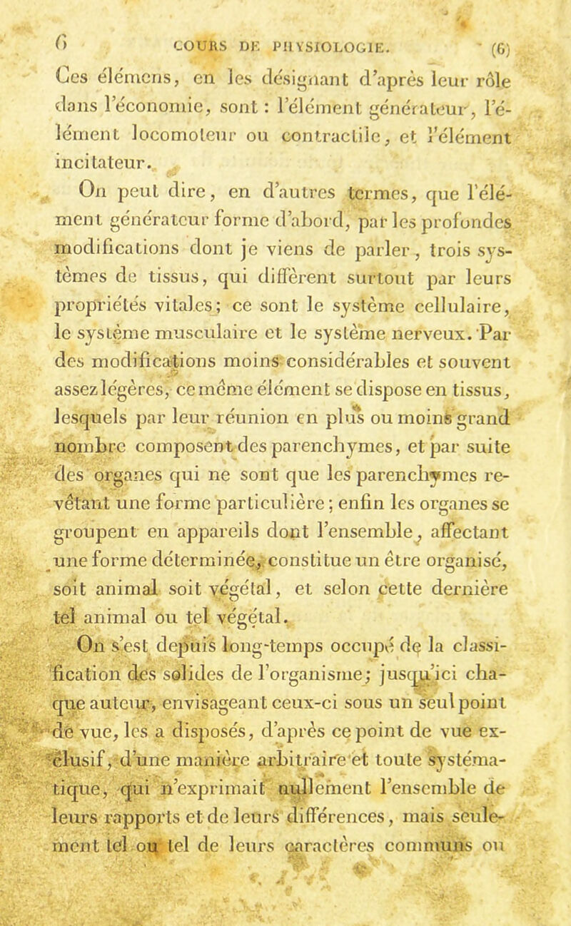 G (G) Ces ëlénicris, en les tlésignant d’après leur rôle dans l’économie, sont : l’élément généfateur, l’é- lément locomoteur ou contracLilc, et l’élément incitateur. On peut dire, en d’autres termes, que l’élé- ment générateur forme d’abord, par les profondes modifications dont je viens de parler, trois sys- tèmes de tissus, qui diffèrent surtout par leurs propriétés vitales; ce sont le système cellulaire, le sysivème musciüaire et le système nerveux. Par des modifications moins considérables et souvent assez légères, ce meme élément se dispose en tissus, lesquels par leur réunion en pbis ou moins grand nombre composent des parenchymes, et jDar suite des organes c[ui ne sont que les parenchymes re- vêtant une forme particulière ; enfin les oiganes se groupent en appareils dont l’ensemble^ affectant une forme déterminée, constitue un être organisé, soit animal soit végétal, et selon cette dernière tel animal ou tel végétal. On s’est depuis long-temps occupvi d(^ la classi- fication des solides de l’organisme; juscy^’ici cha- que autem’, envisageant ceux-ci sous un seul point 'de vue, les a disposés, d’après ce point de vue ex- ^clusif, d’une manière arbiy’aire et toute systéma- tique, qui n’exprimait nidlefnent l’ensemble de leurs rapports et de leurS différences, mais seule- ment tel ou tel de leurs caractères communs ou